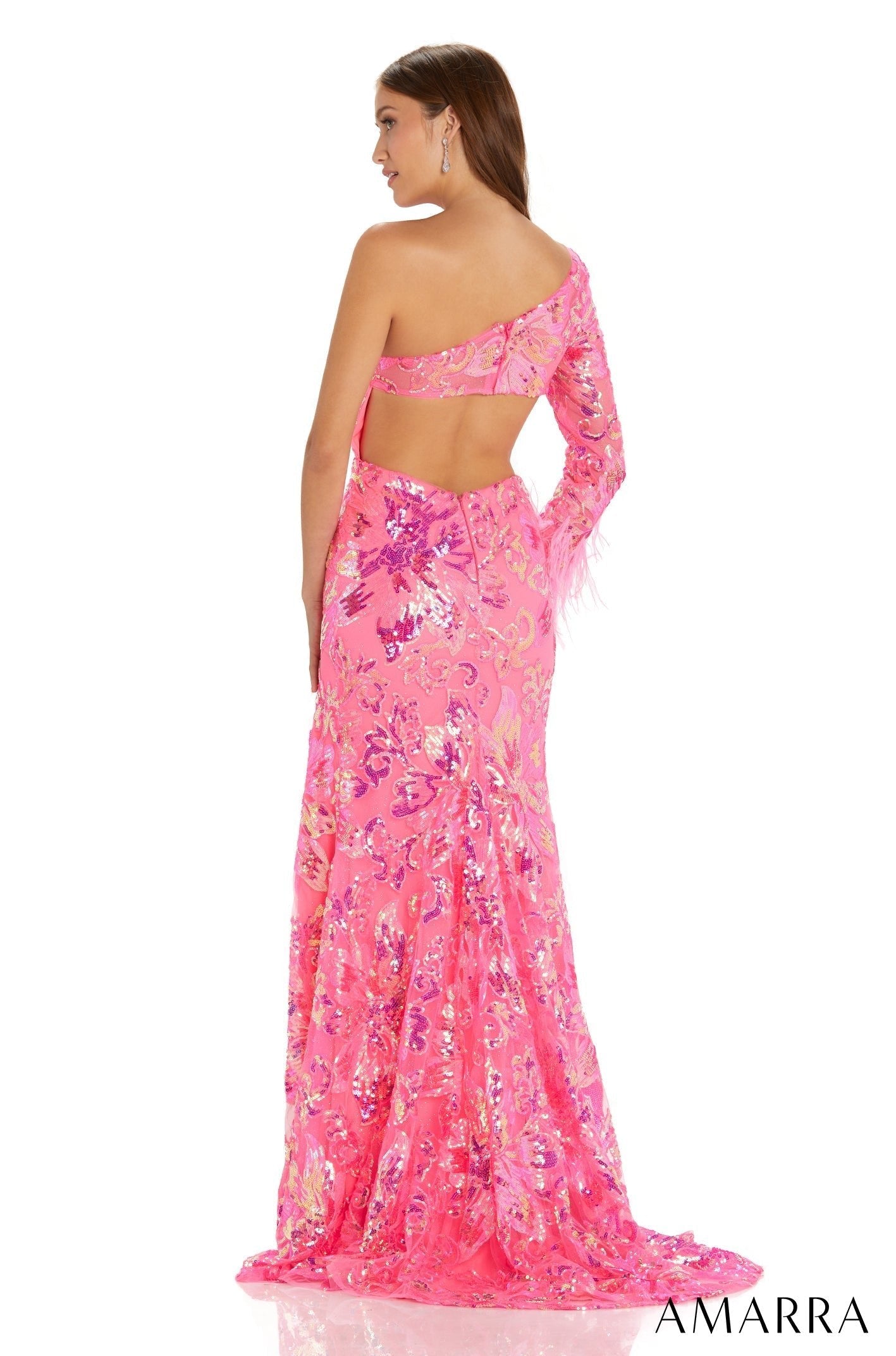 Neon Pink One-Shoulder Floor-Length Sequin Prom Dress with Feather Sleeve and Side Slit Amarra 88562