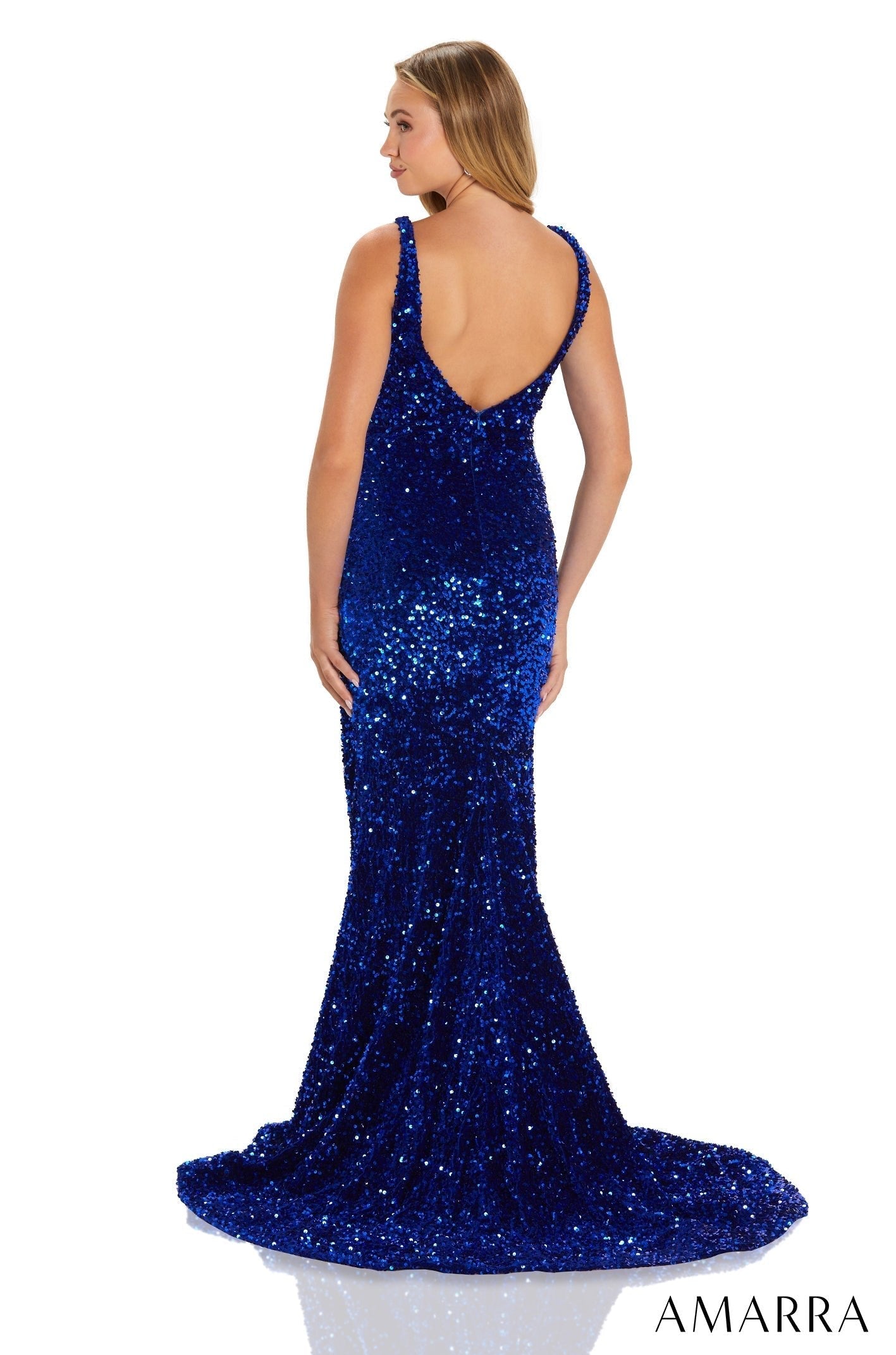 Royal Blue V-Neck Floor-Length Sequin Prom Dress with High Slit Amarra 88567