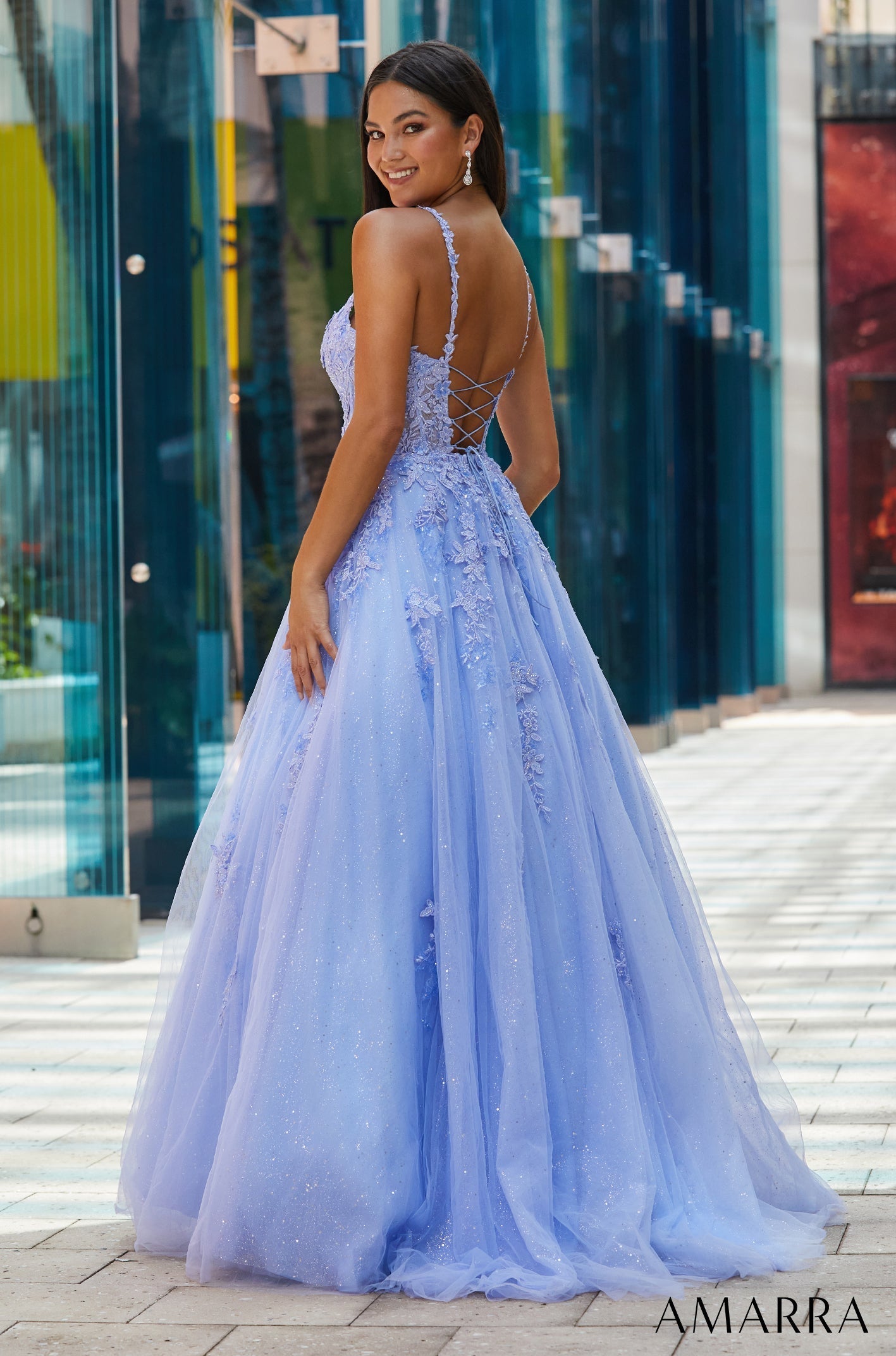 Periwinkle Scoop Floor-Length Tulle Prom Ball Gown with Lace Appliqué Amarra 88570