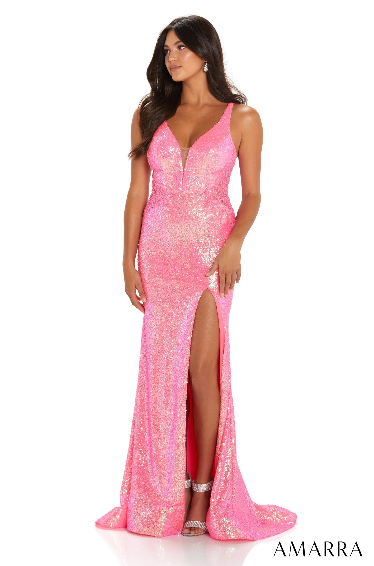 Neon Pink V-Neck Floor-Length Sequin Prom Dress with High Slit Amarra 88576