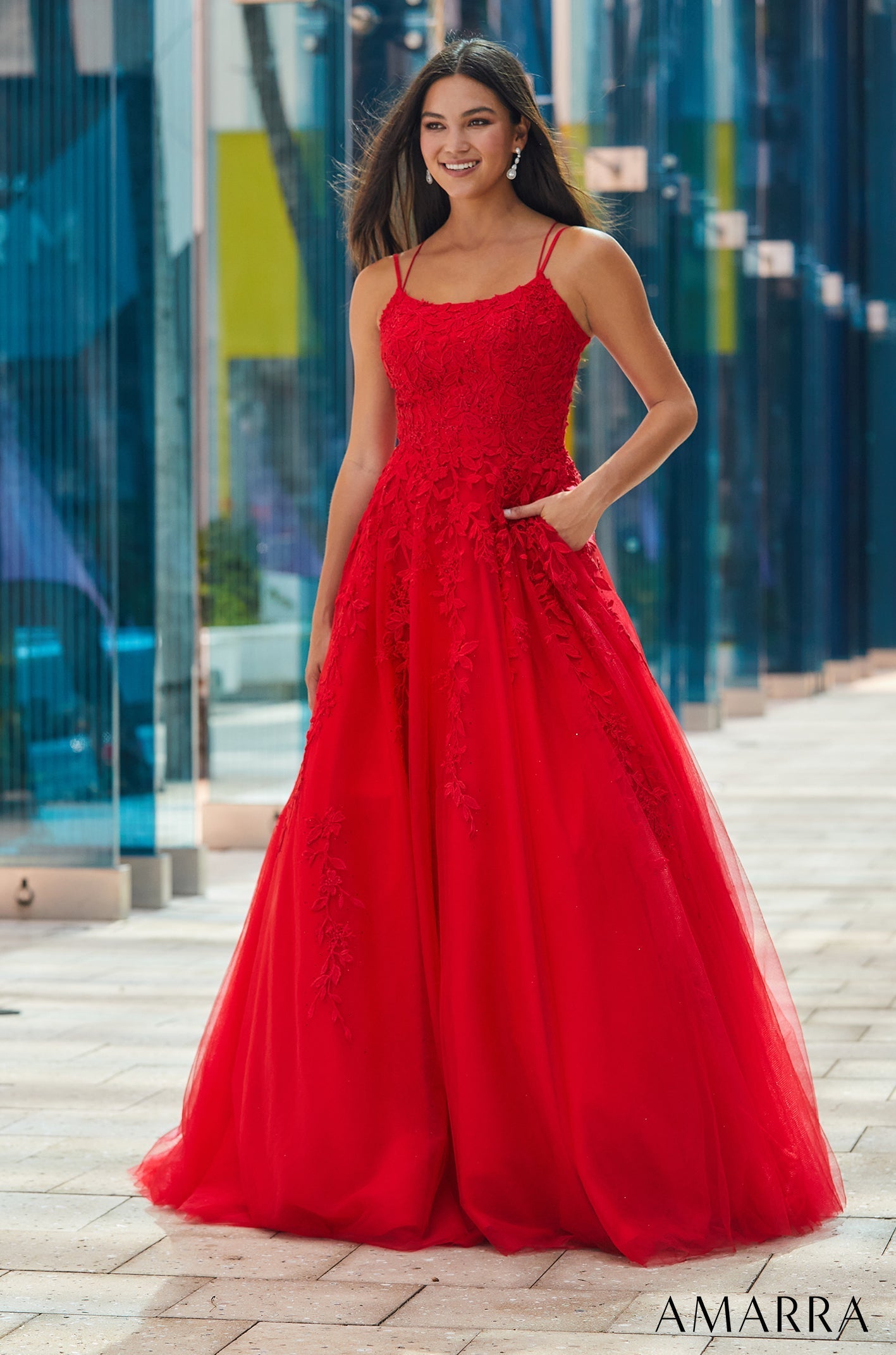Red Scoop Neck Floor-Length Tulle Prom Ball Gown with Appliqué Amarra 88592