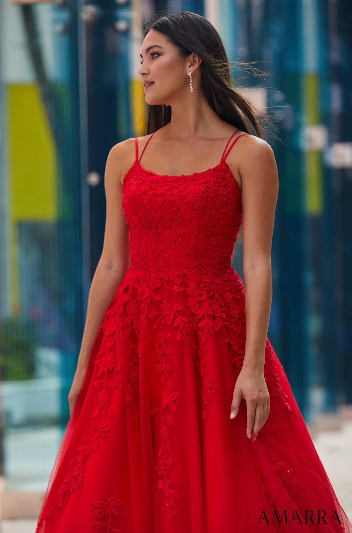 Red Scoop Neck Floor-Length Tulle Prom Ball Gown with Appliqué Amarra 88592