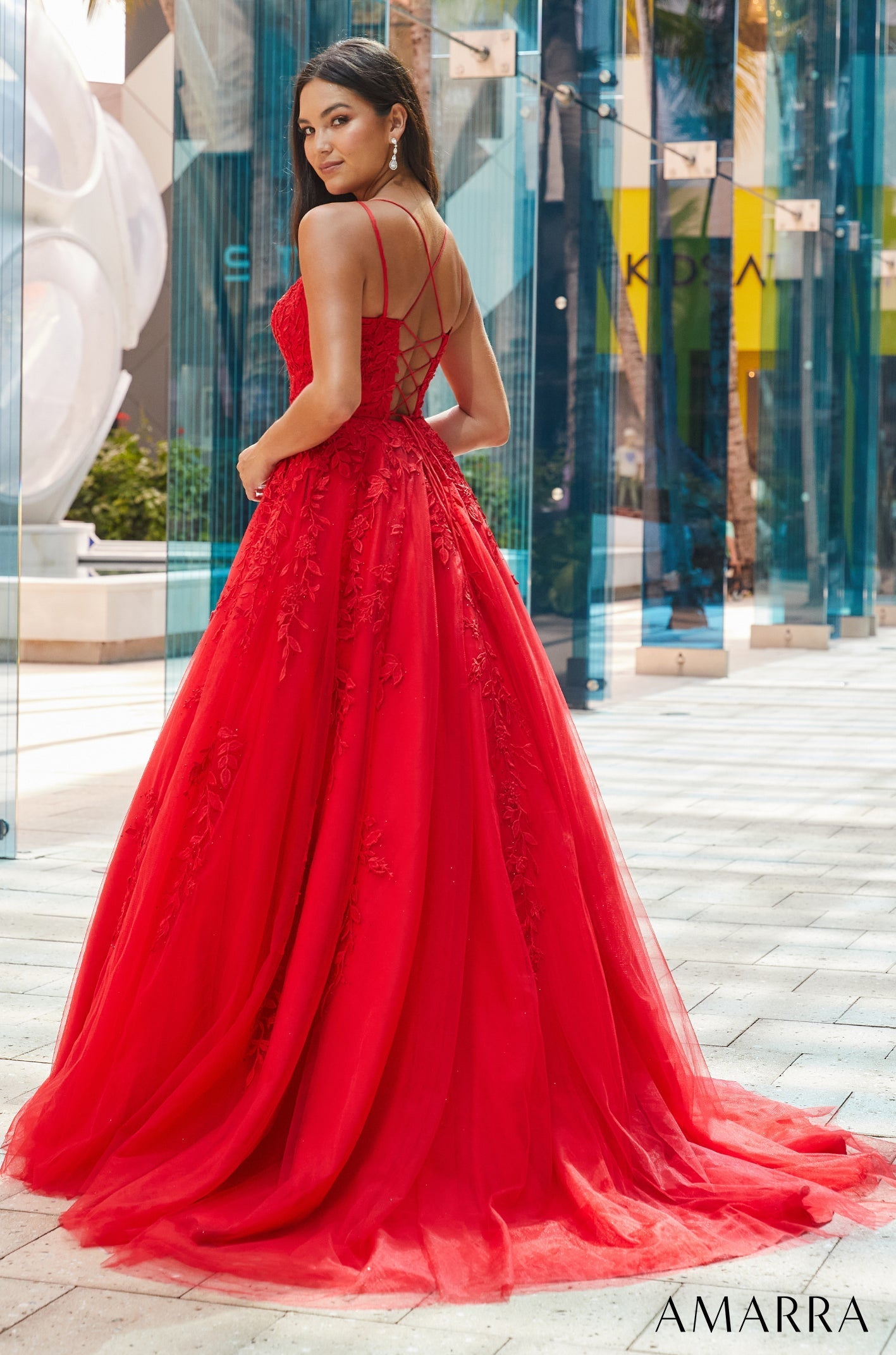 Red Scoop Neck Floor-Length Tulle Prom Ball Gown with Appliqué Amarra 88592