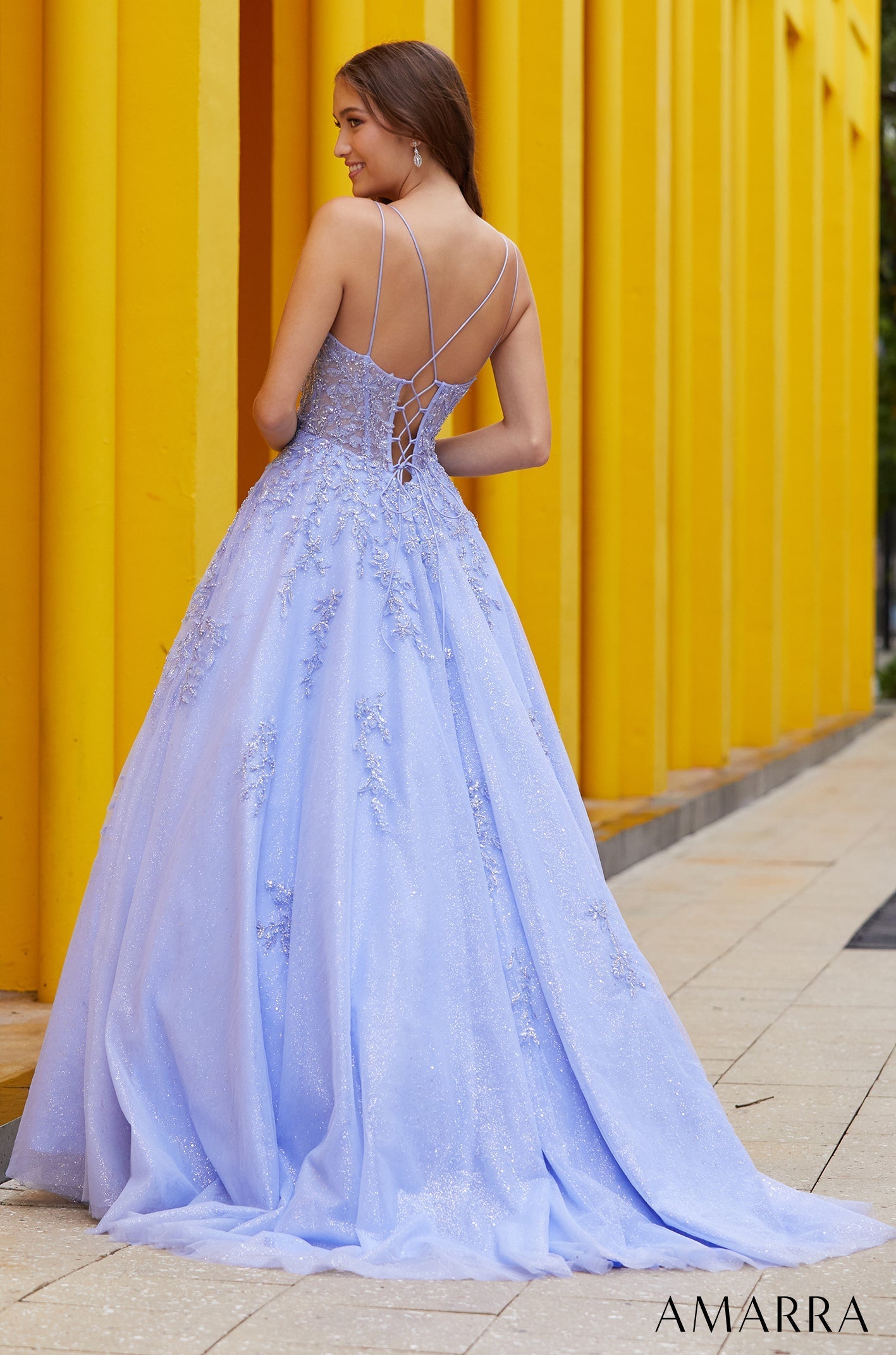 Periwinkle V-Neck Floor-Length Tulle Prom Ball Gown with Appliqué Amarra 88594