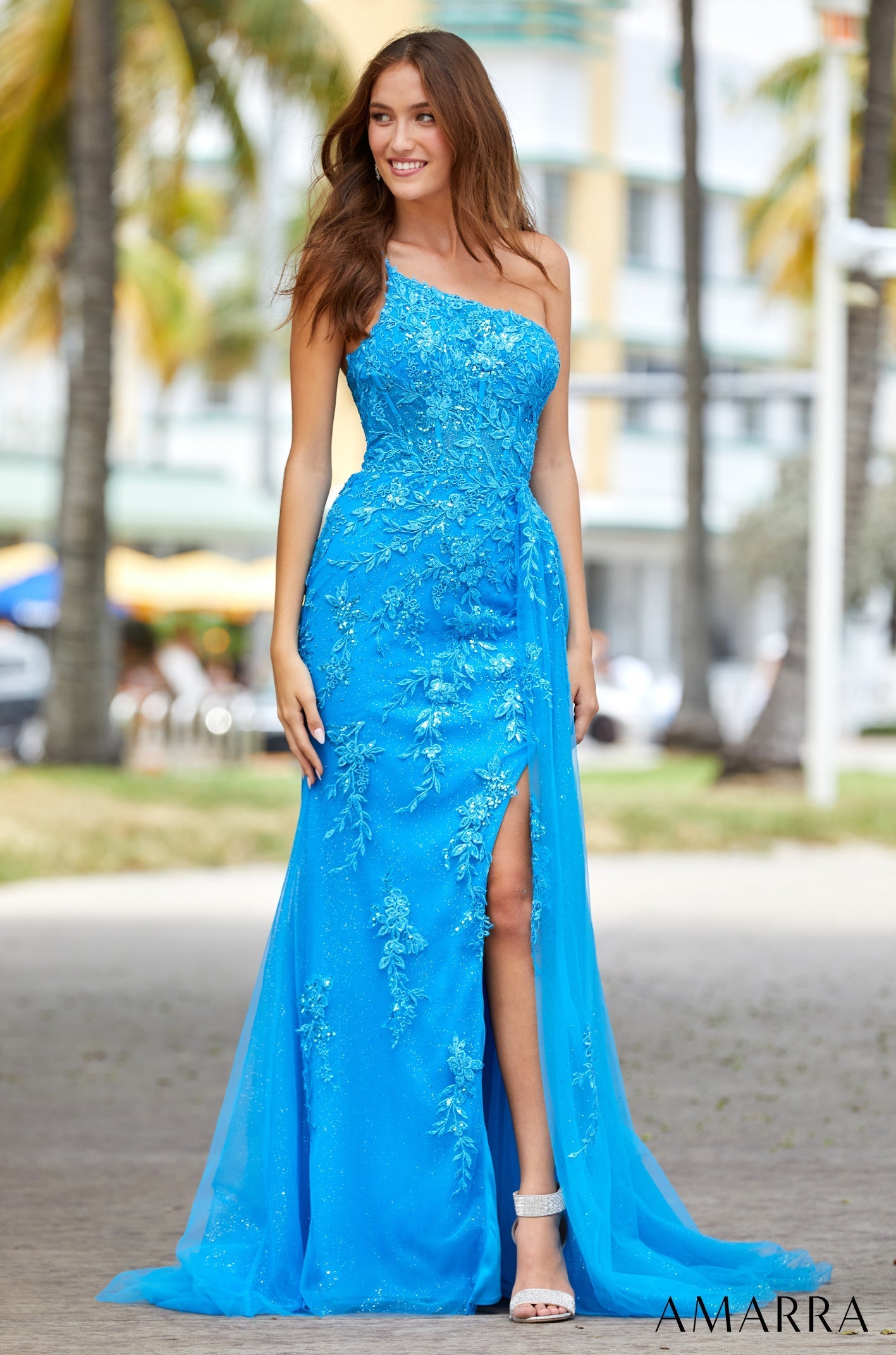 Turquoise One-Shoulder Floor-Length Tulle Prom Mermaid Dress with Appliqué and High Slit Amarra 88596