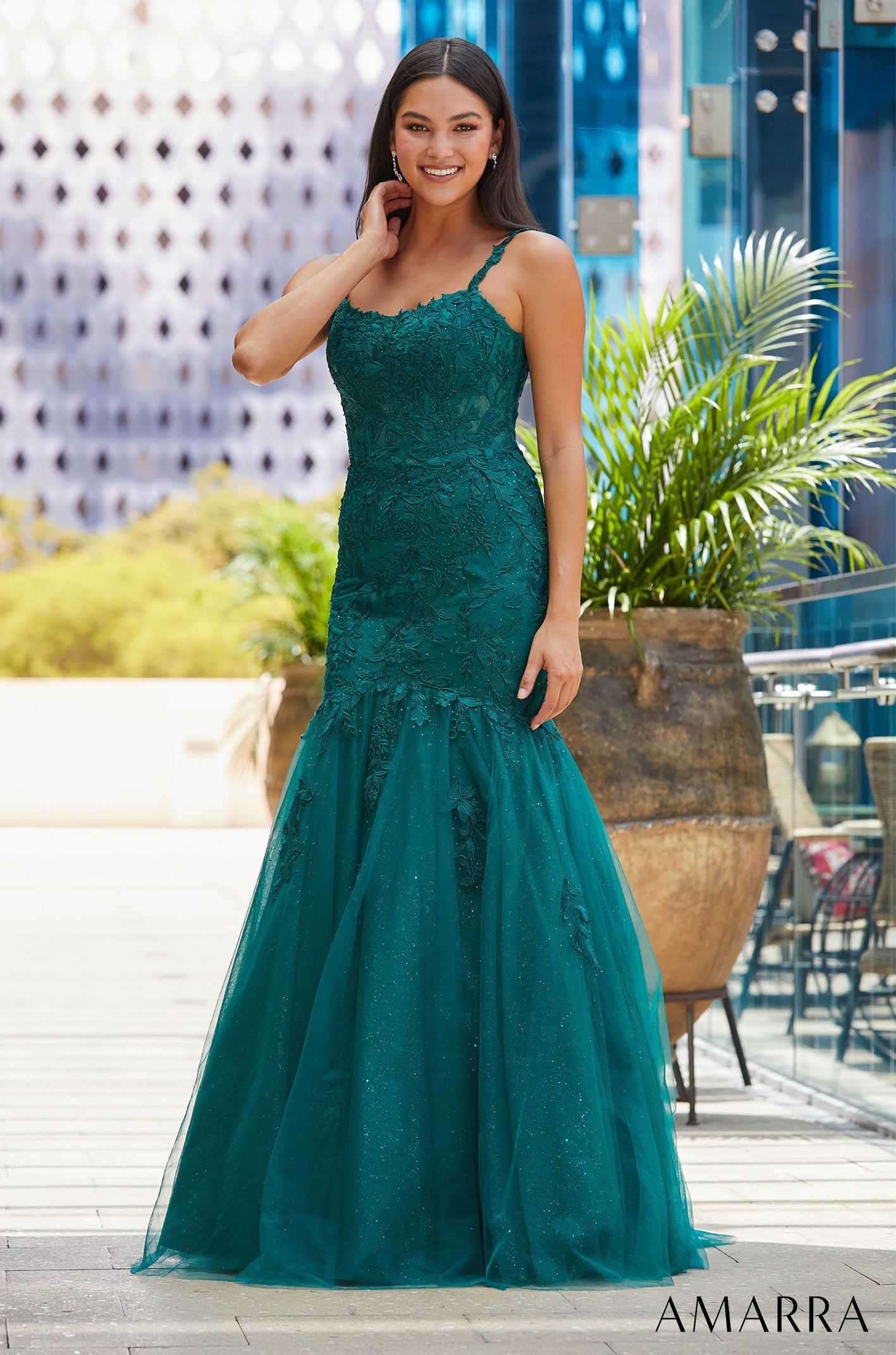 Emerald Scoop Neck Floor-Length Tulle Prom Mermaid Dress with Appliqué Amarra 88600