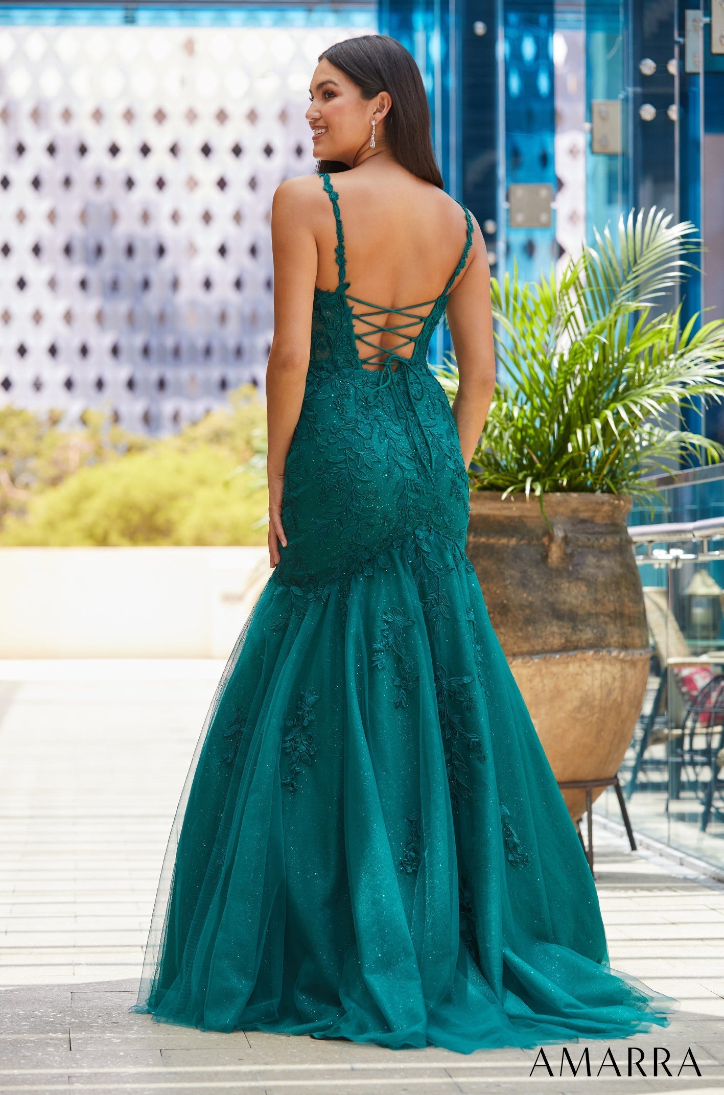 Emerald Scoop Neck Floor-Length Tulle Prom Mermaid Dress with Appliqué Amarra 88600