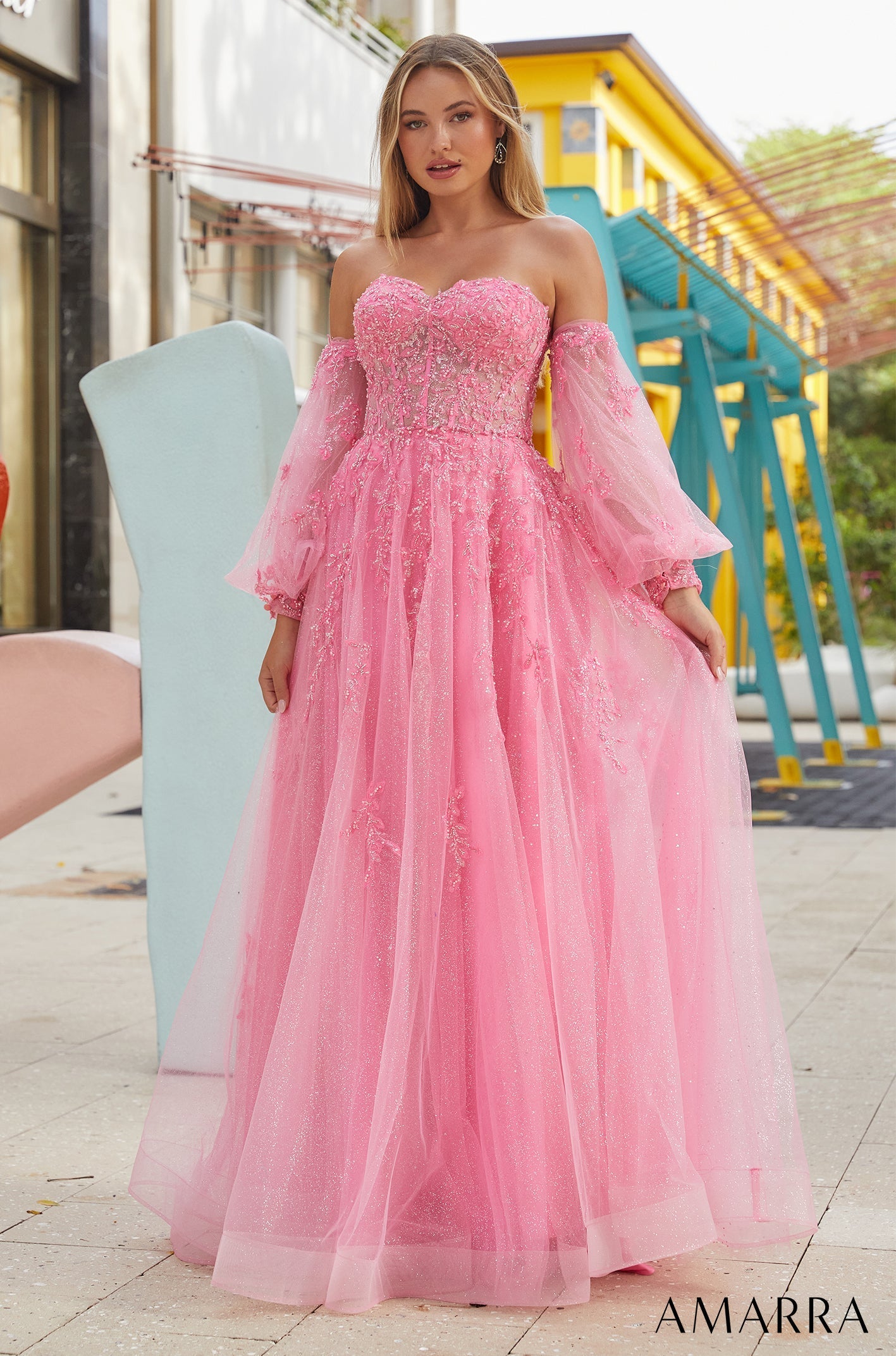 Bright Pink Sweetheart Floor-Length Glitter Tulle Prom Dress with Detachable Puff Sleeves Amarra 88616