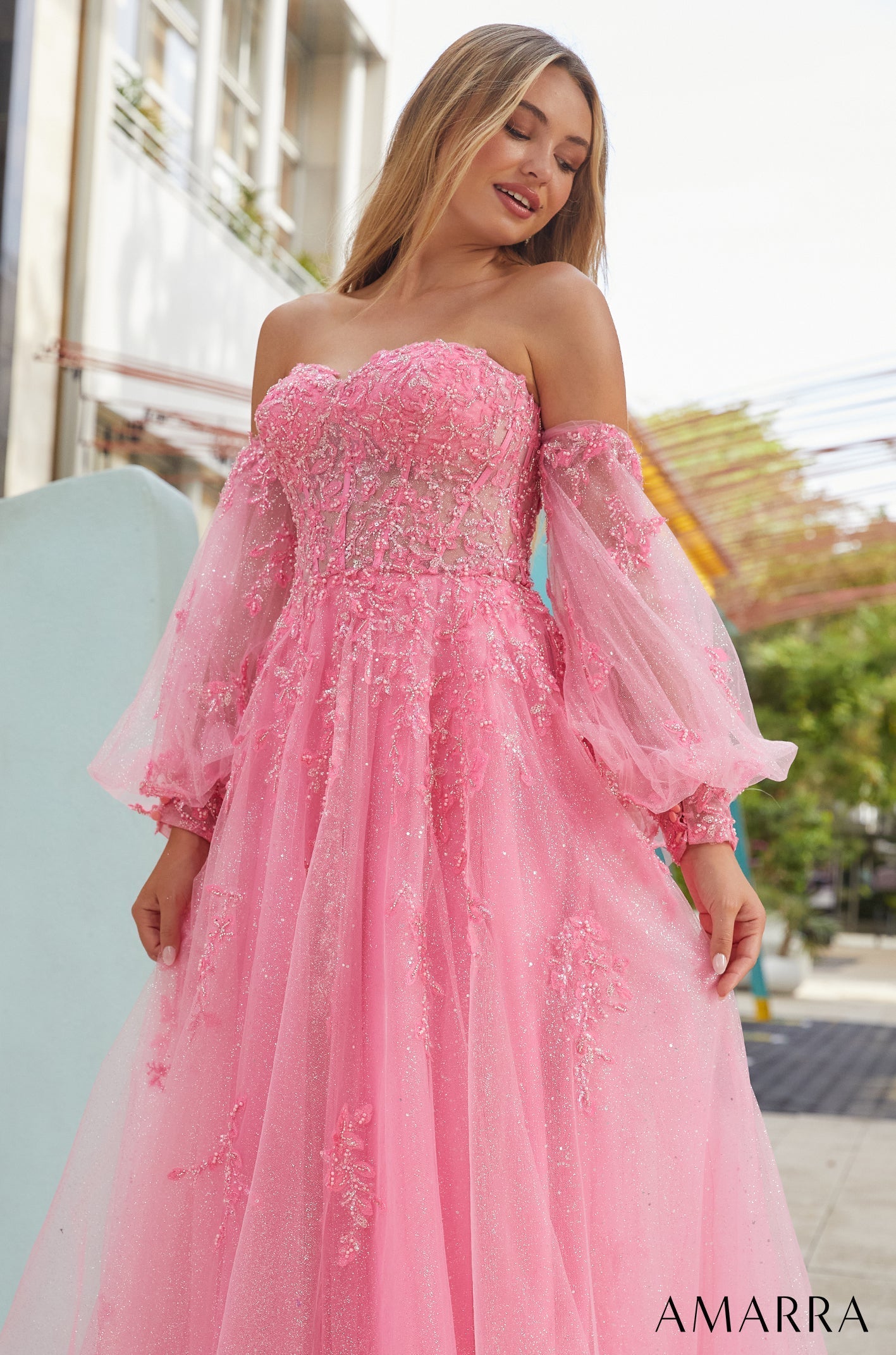 Bright Pink Sweetheart Floor-Length Glitter Tulle Prom Dress with Detachable Puff Sleeves Amarra 88616