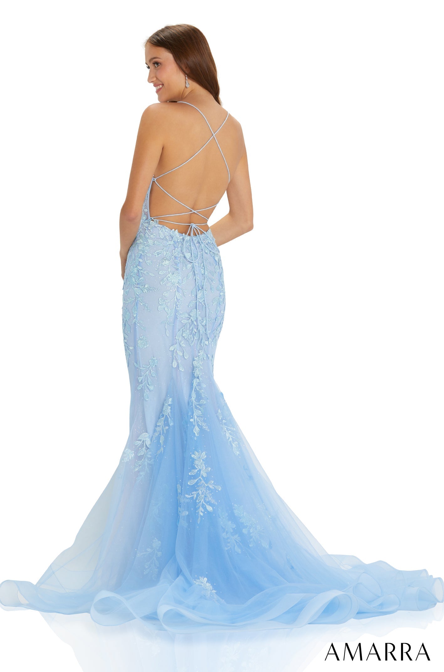 Electric Blue V-Neck Floor-Length Tulle Prom Mermaid Dress with Appliqué Amarra 88619