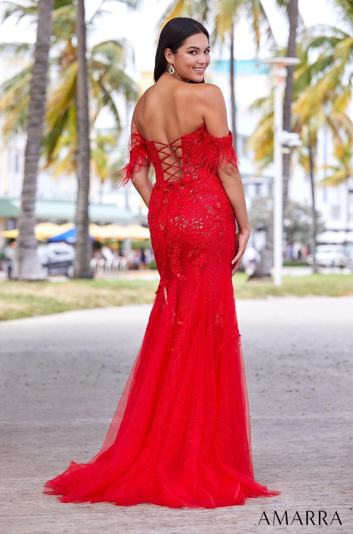 Red Sweetheart Floor-Length Tulle Prom Mermaid Dress with Feather Detail Amarra 88621