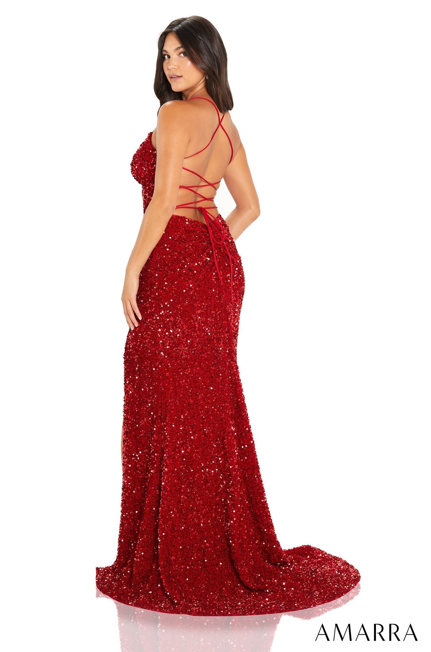 Red V-Neck Floor-Length Sequin Prom Dress with High Slit Amarra 88635