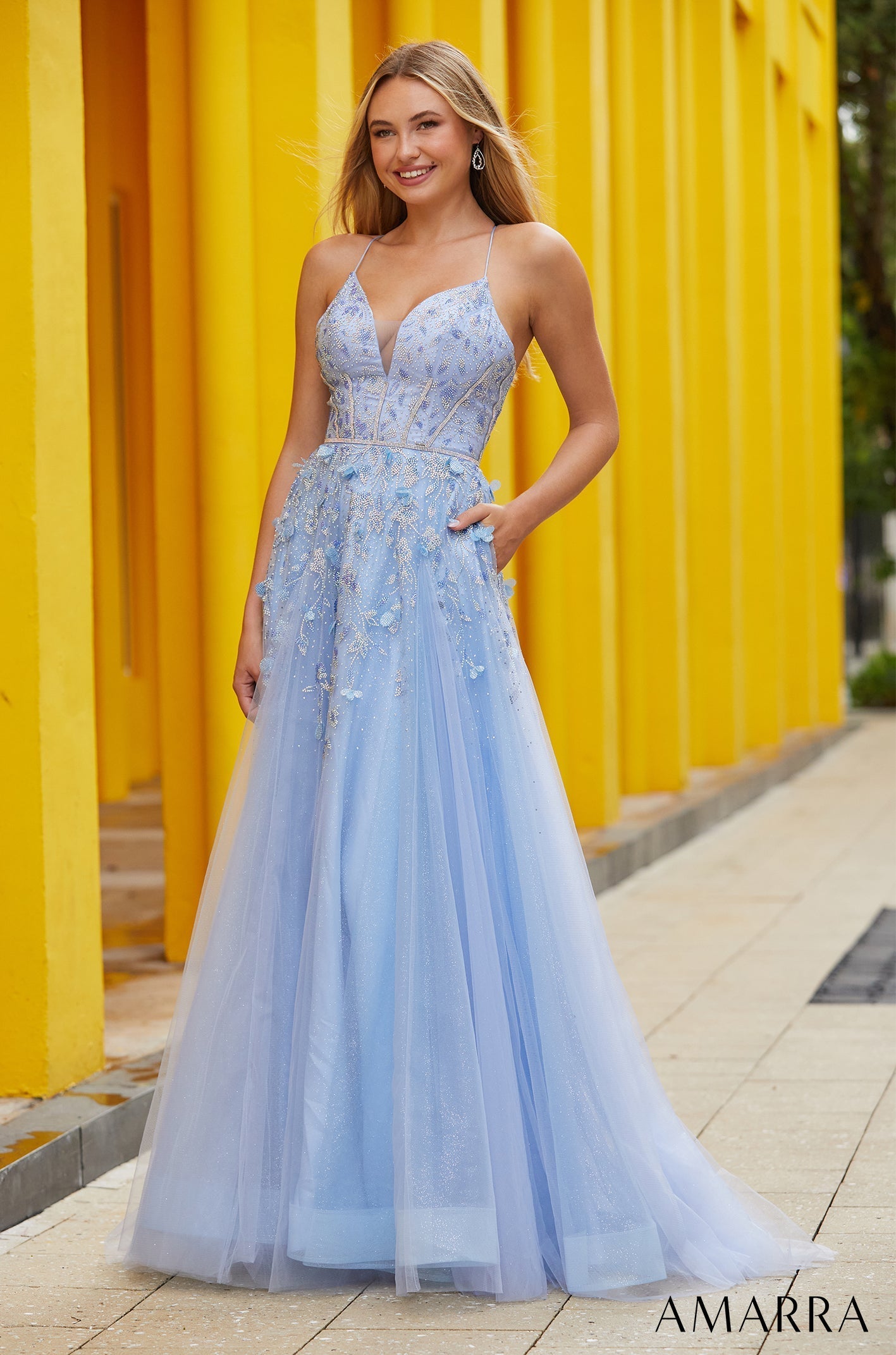 Periwinkle V-Neck Floor-Length Tulle Prom Dress with Lace-Up Back and Pockets Amarra 88646