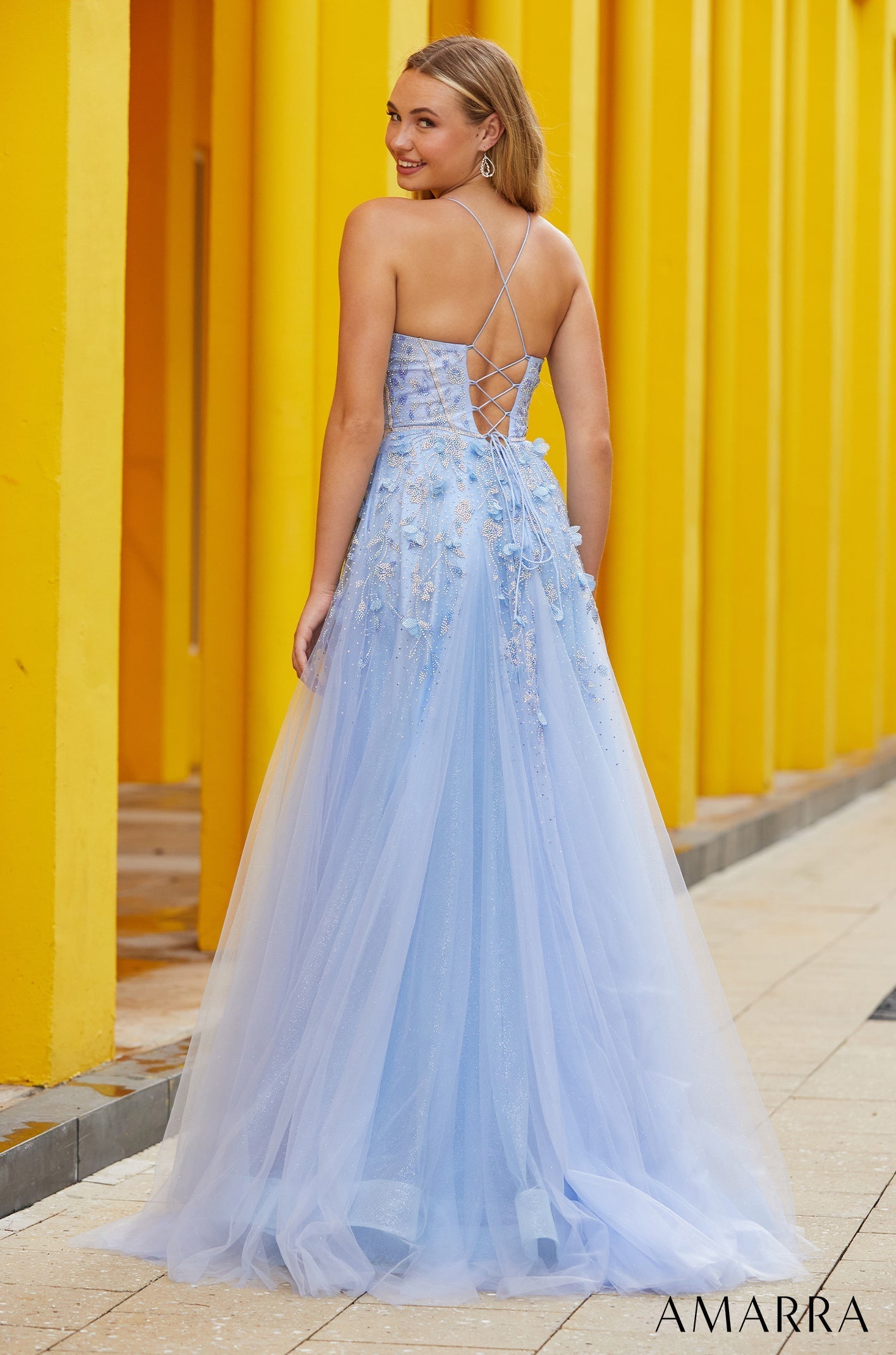Periwinkle V-Neck Floor-Length Tulle Prom Dress with Lace-Up Back and Pockets Amarra 88646