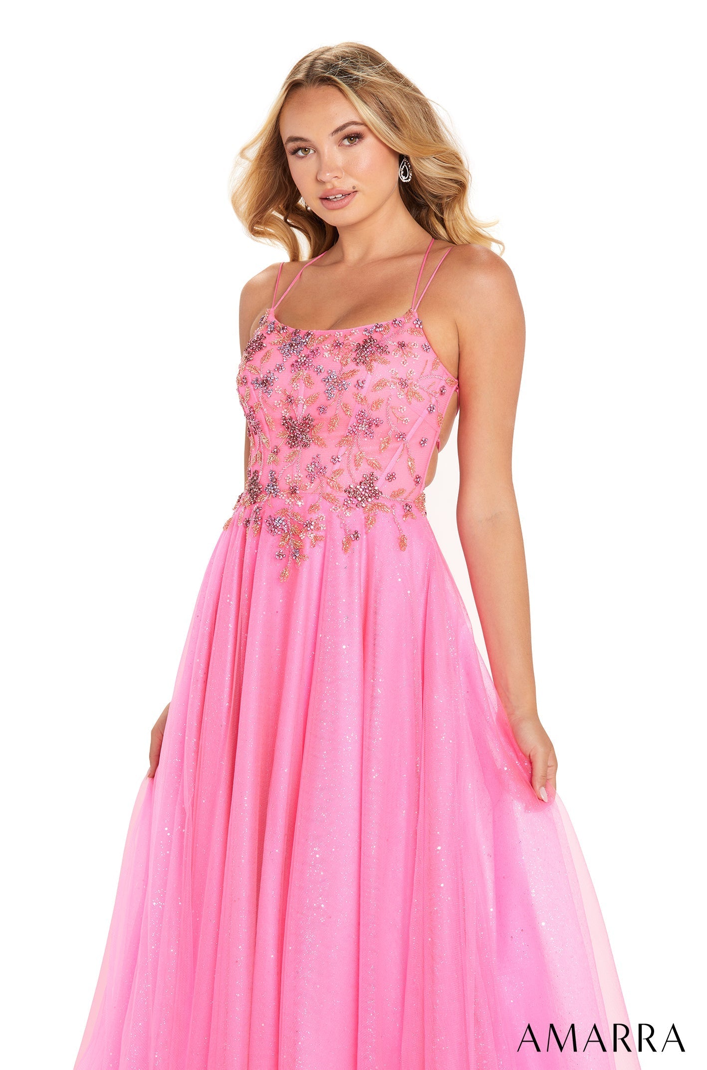 Neon Pink Scoop Neck Floor-Length Tulle Prom Dress with Floral Appliqués Amarra 88650