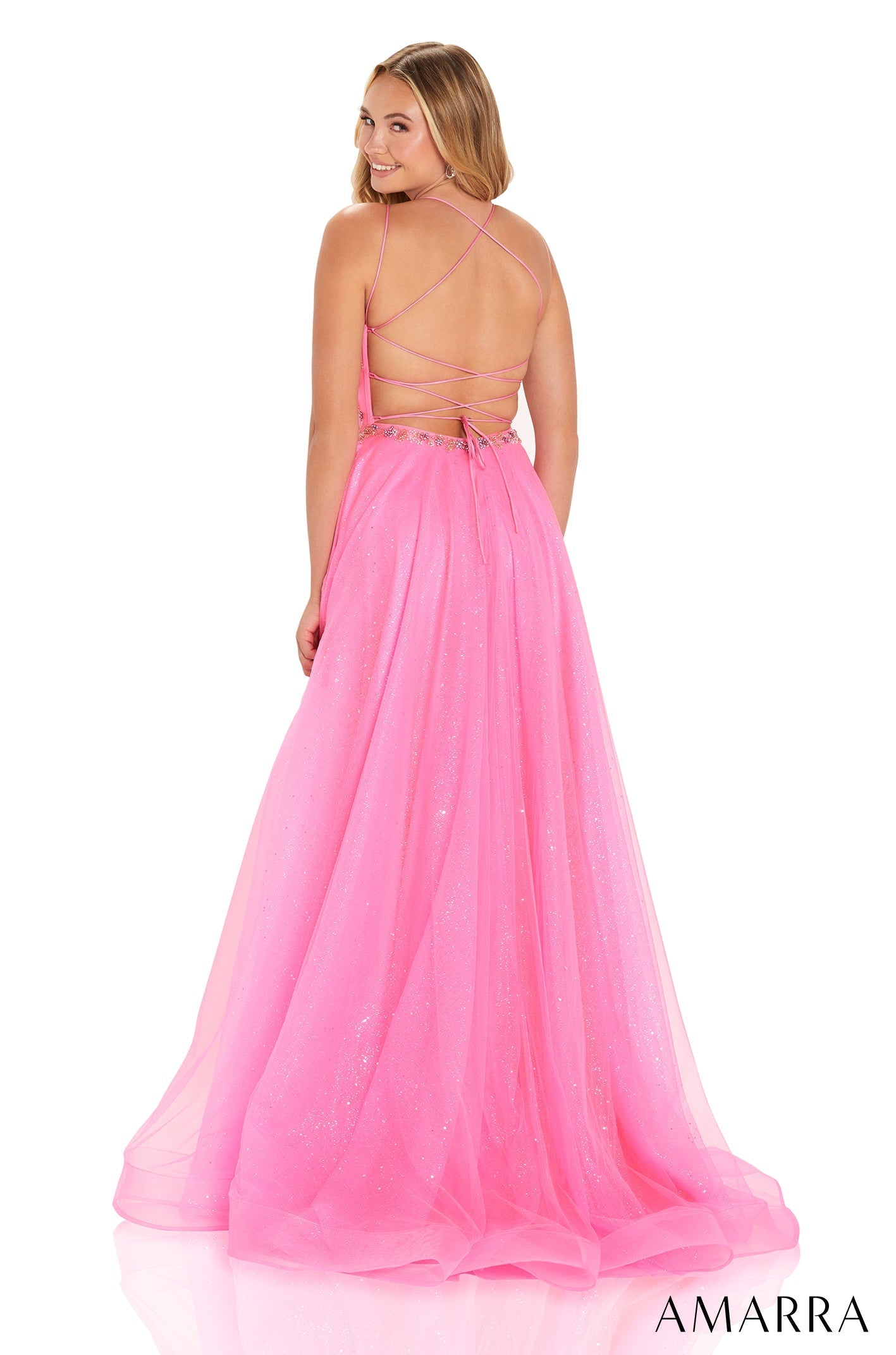 Neon Pink Scoop Neck Floor-Length Tulle Prom Dress with Floral Appliqués Amarra 88650