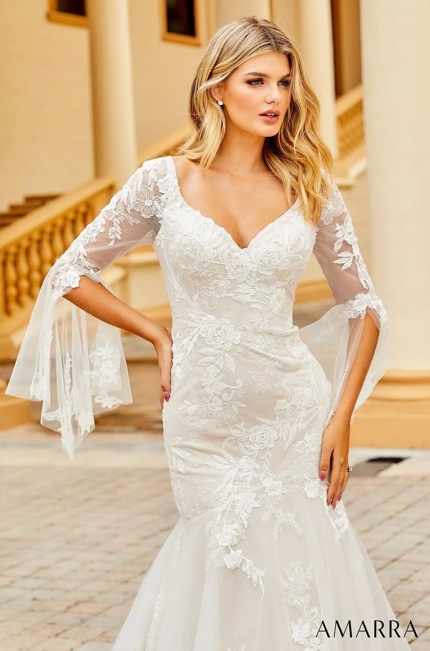 Wedding Dresses Long Lace Bridal Floral Wedding Dress Amarra 84386 Ivory/Nude