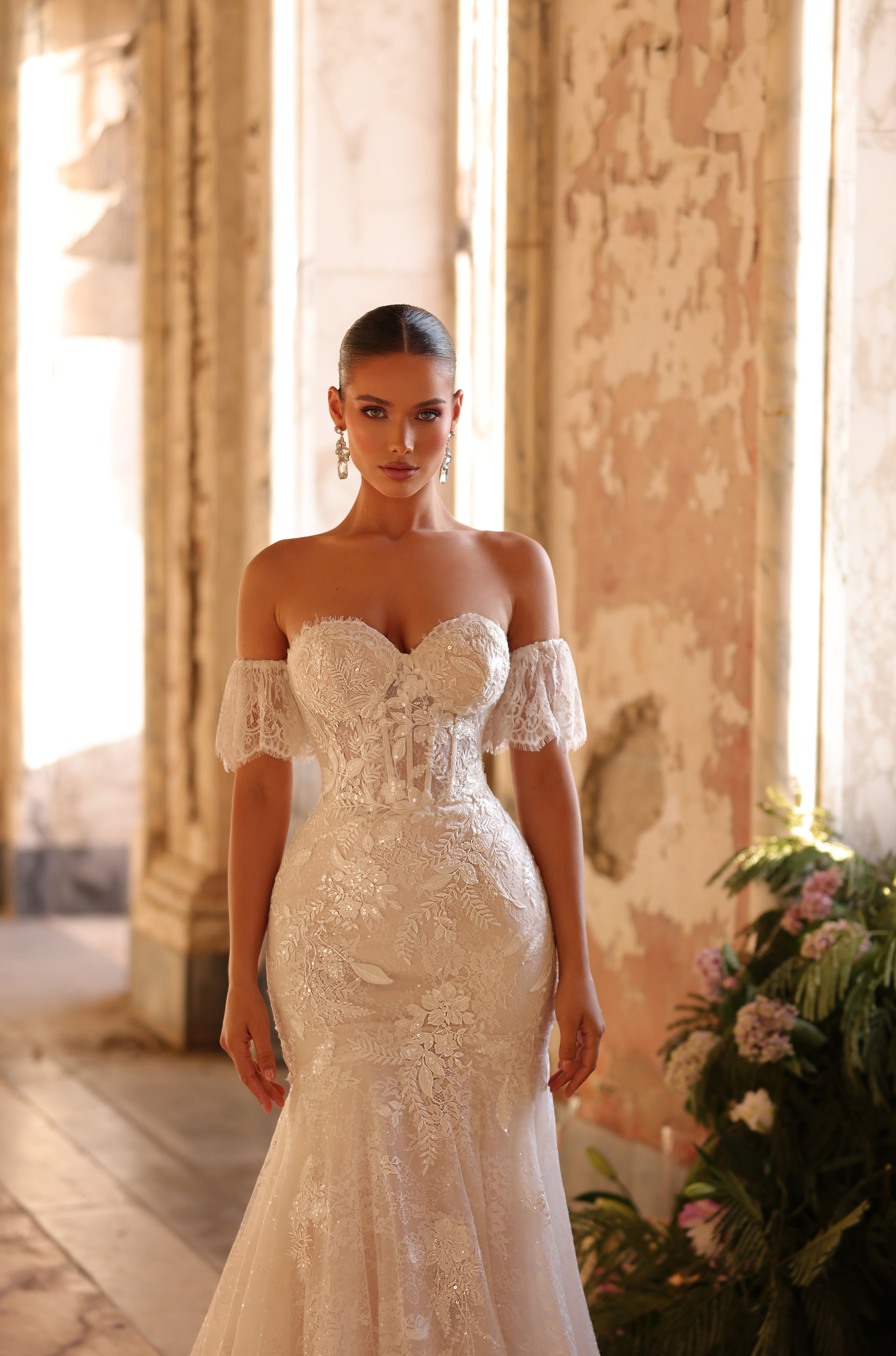 Wedding Dresses Long Corset Fitted Floral Applique Wedding Dress Amarra 89103 Ivory/Nude