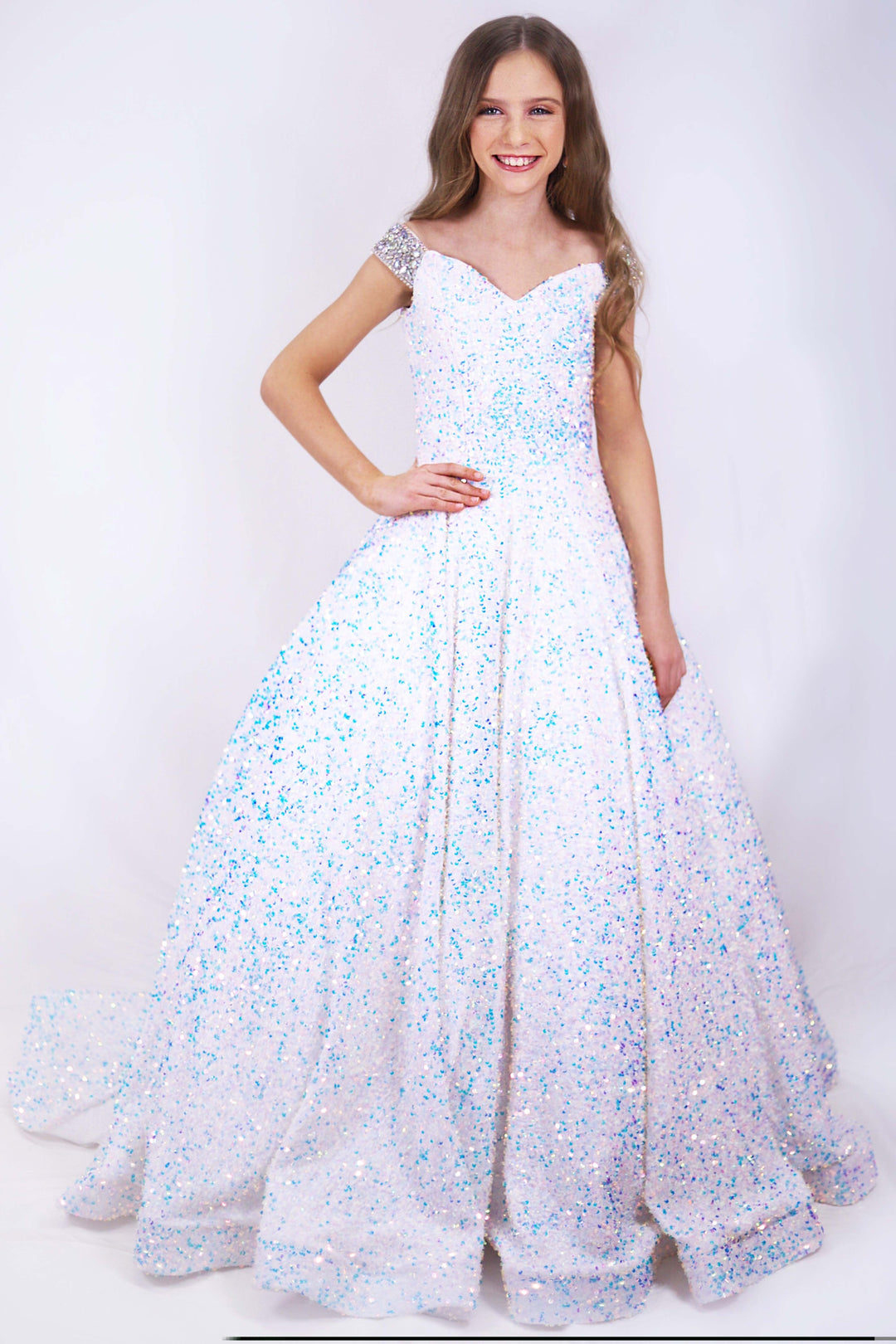 Off-the-Shoulder Floor-Length Sequin Prom Ball Gown Ava Presley 27733