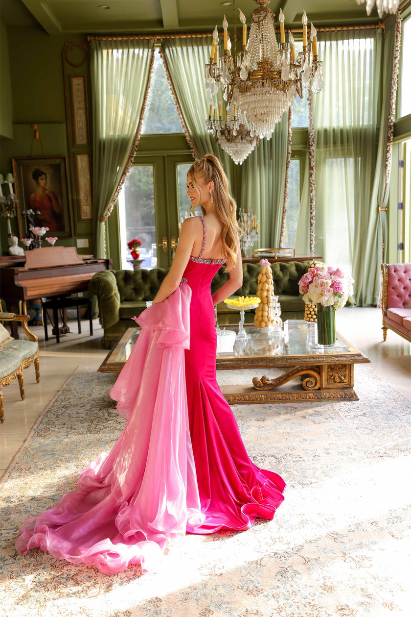 Prom Dresses Beaded Long Ruffle Formal Prom Mermaid Dress Fuchsia/Light Pink