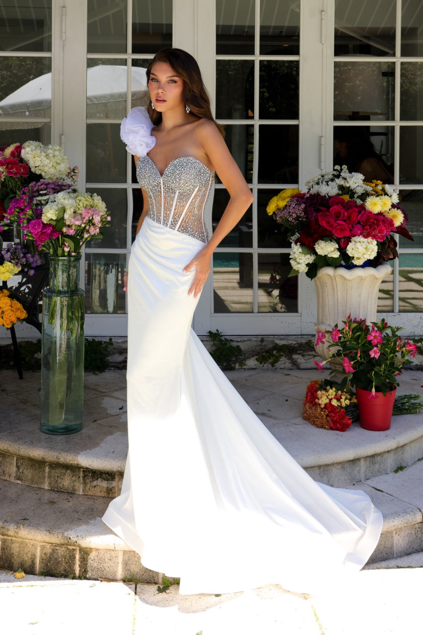 Prom Dresses Metallic Long Formal Beaded Corset Prom Dress Nude/Off White