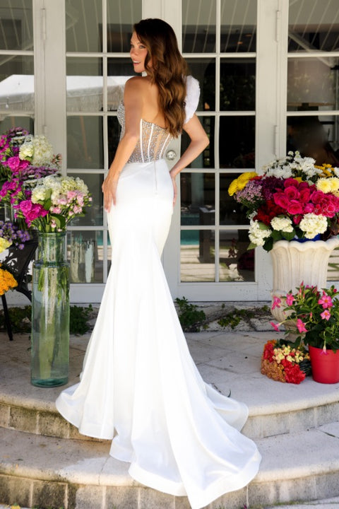 Prom Dresses Metallic Long Formal Beaded Corset Prom Dress Nude/Off White