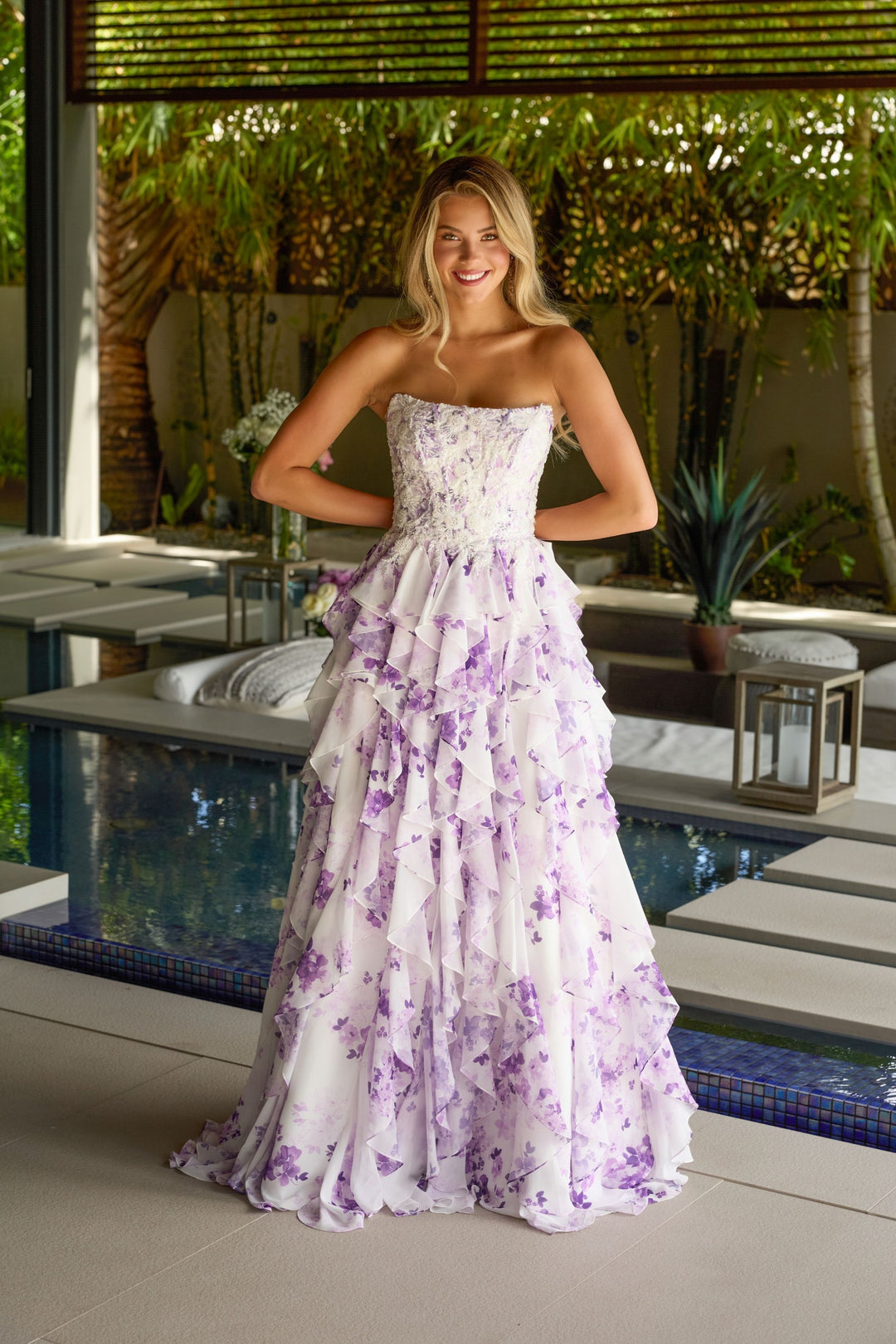 Prom Dresses Long Floral Print Ball Gown Ruffle Prom Dress White/Lilac