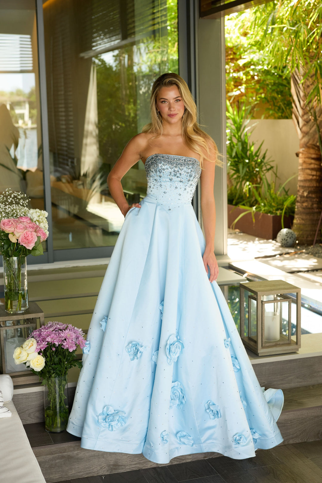 Prom Dresses eaded Long Ball Gown 3D Floral Applique Prom Dress Light Blue