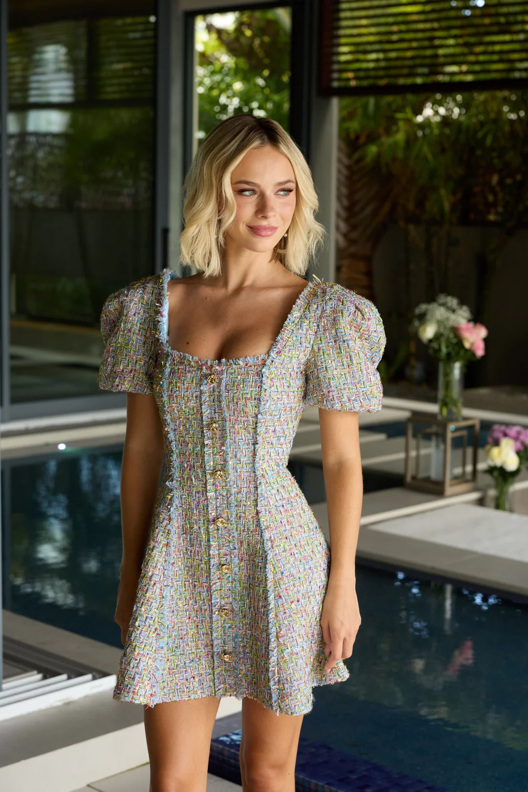 Cocktail Dresses Short Cocktail A Line Button Mini Dress Light Blue/Multi