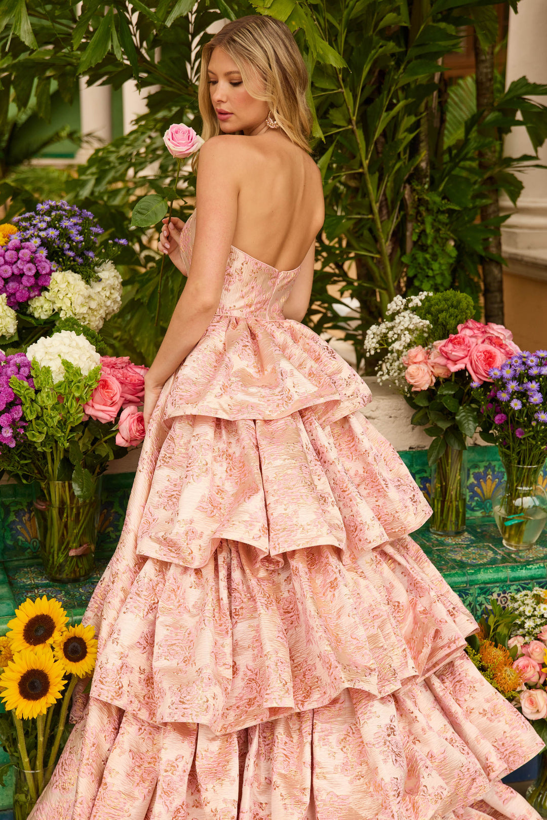 Prom Dresses Long Ball Gown Floral Print Ruffle Prom Dress Blush