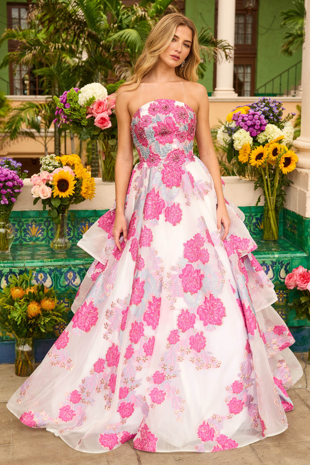 Prom Dresses Florl Print Ruffle A Line Long Formal Prom Dress White/Hot Pink