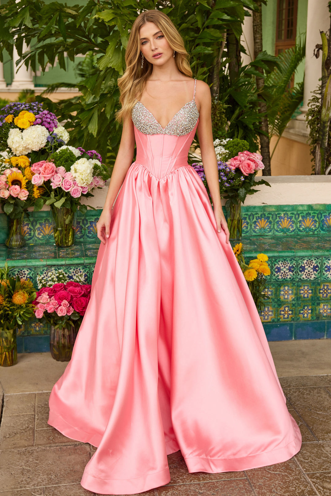 Prom Dresses Beaded Fitted Long Formal Corset Ball Gown Prom Dress Coral Pink