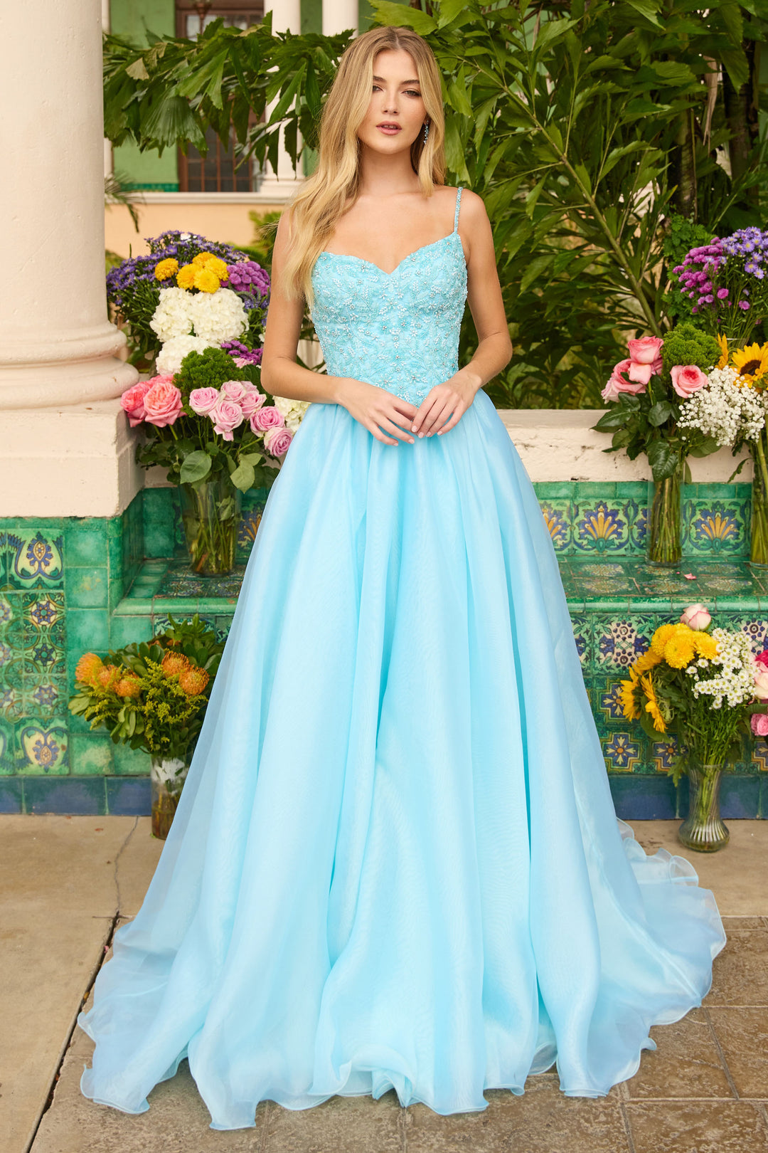 Prom Dresses Beaded Long Formal Lace Applique Ball Gown Prom Dress Light Blue