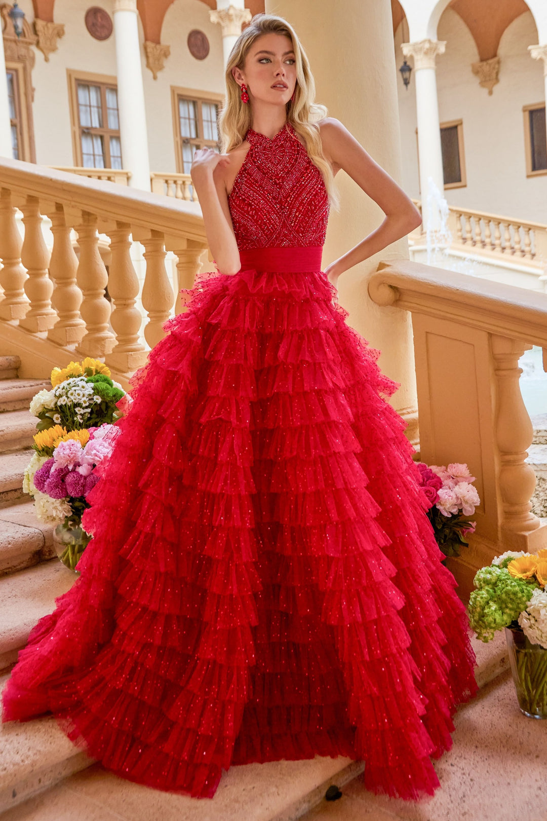 Prom Dresses Long Formal Ball Gown Ruffle Beaded Prom Dress Ava Presley 47258 Red