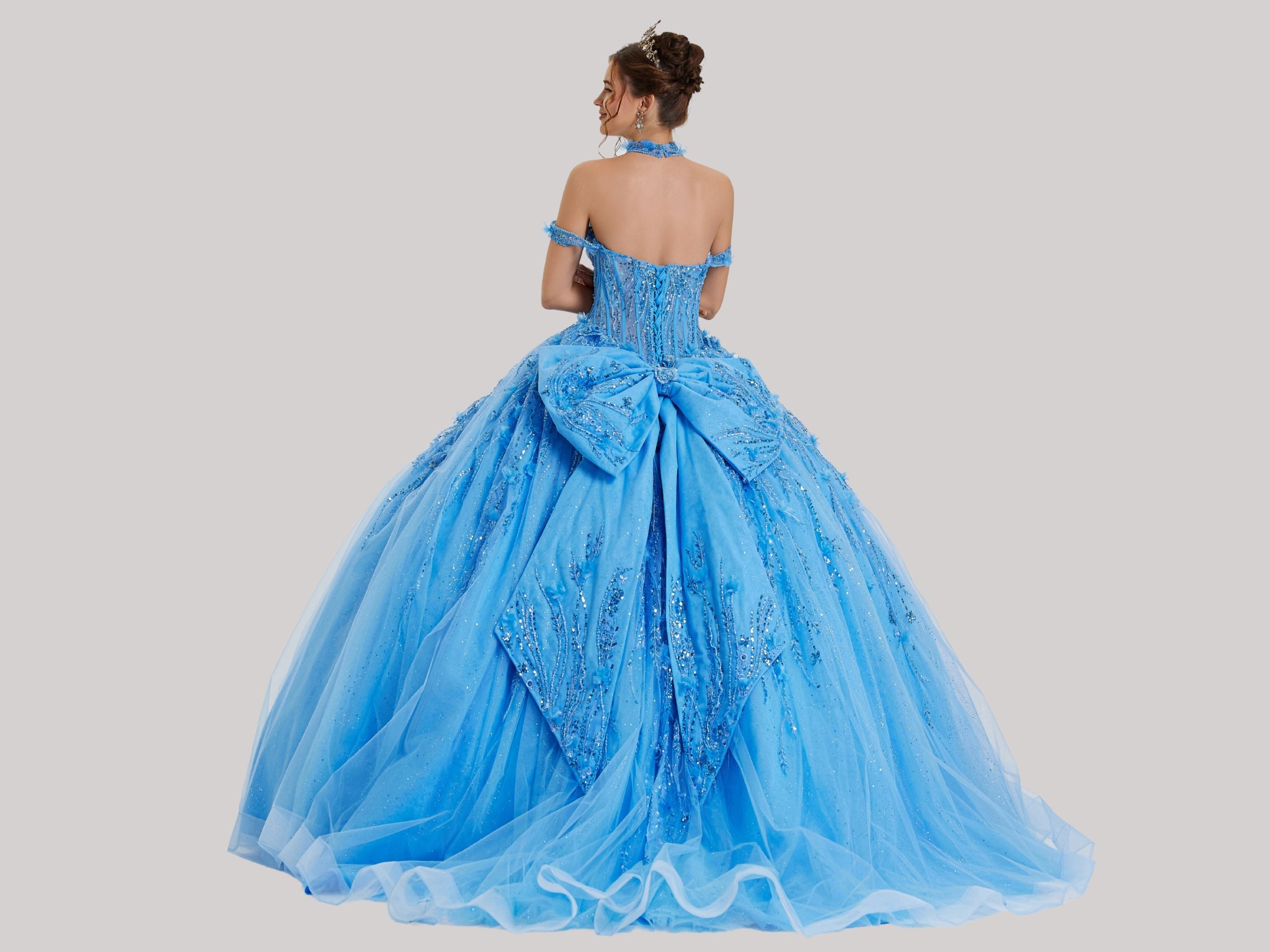 Quinceniera Dresses Long Glitter Beaded Quinceanera Dress Azure-Mesh-26416-Glitter