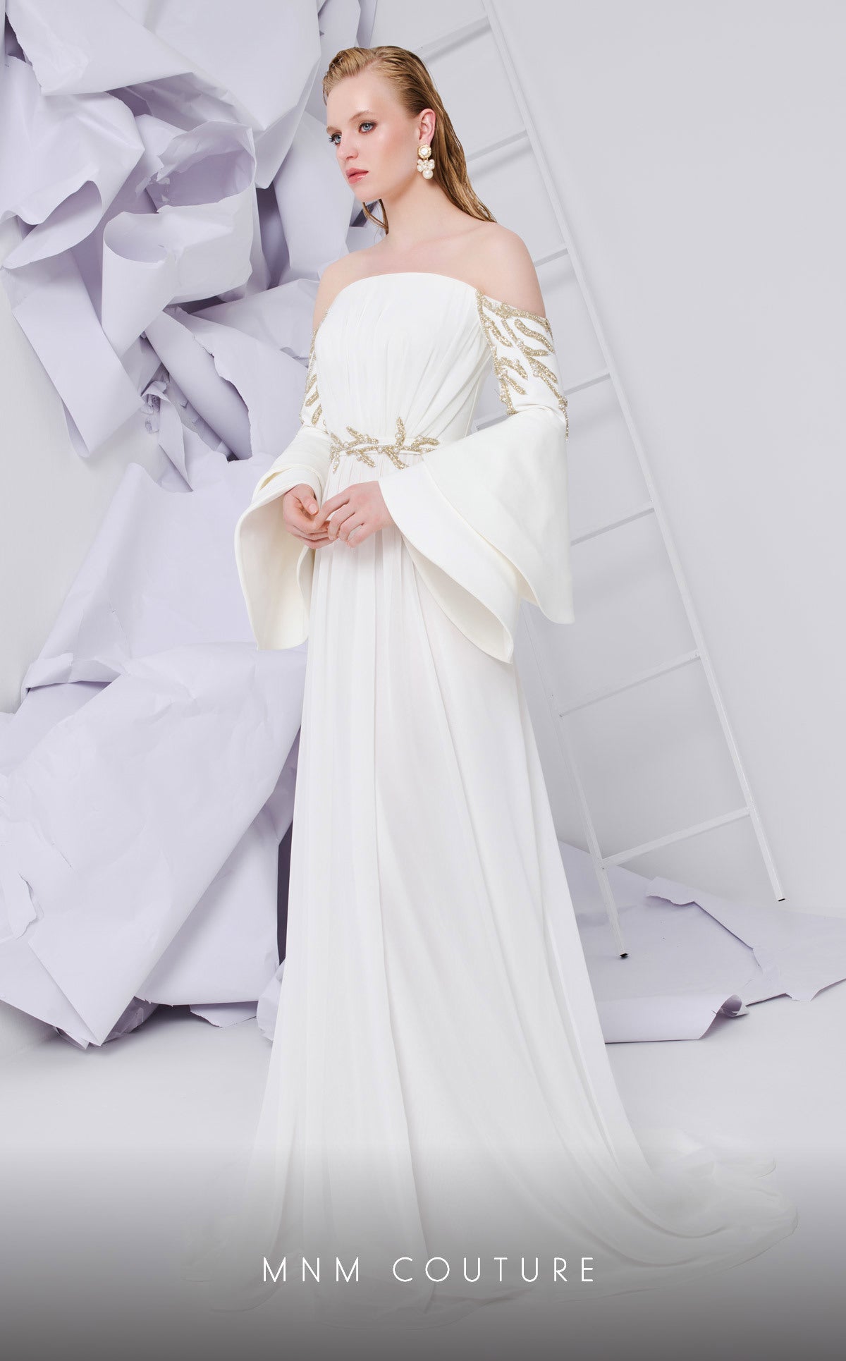 Off-the-Shoulder Floor-Length Chiffon Wedding Dress A-Line MNM Couture B1103