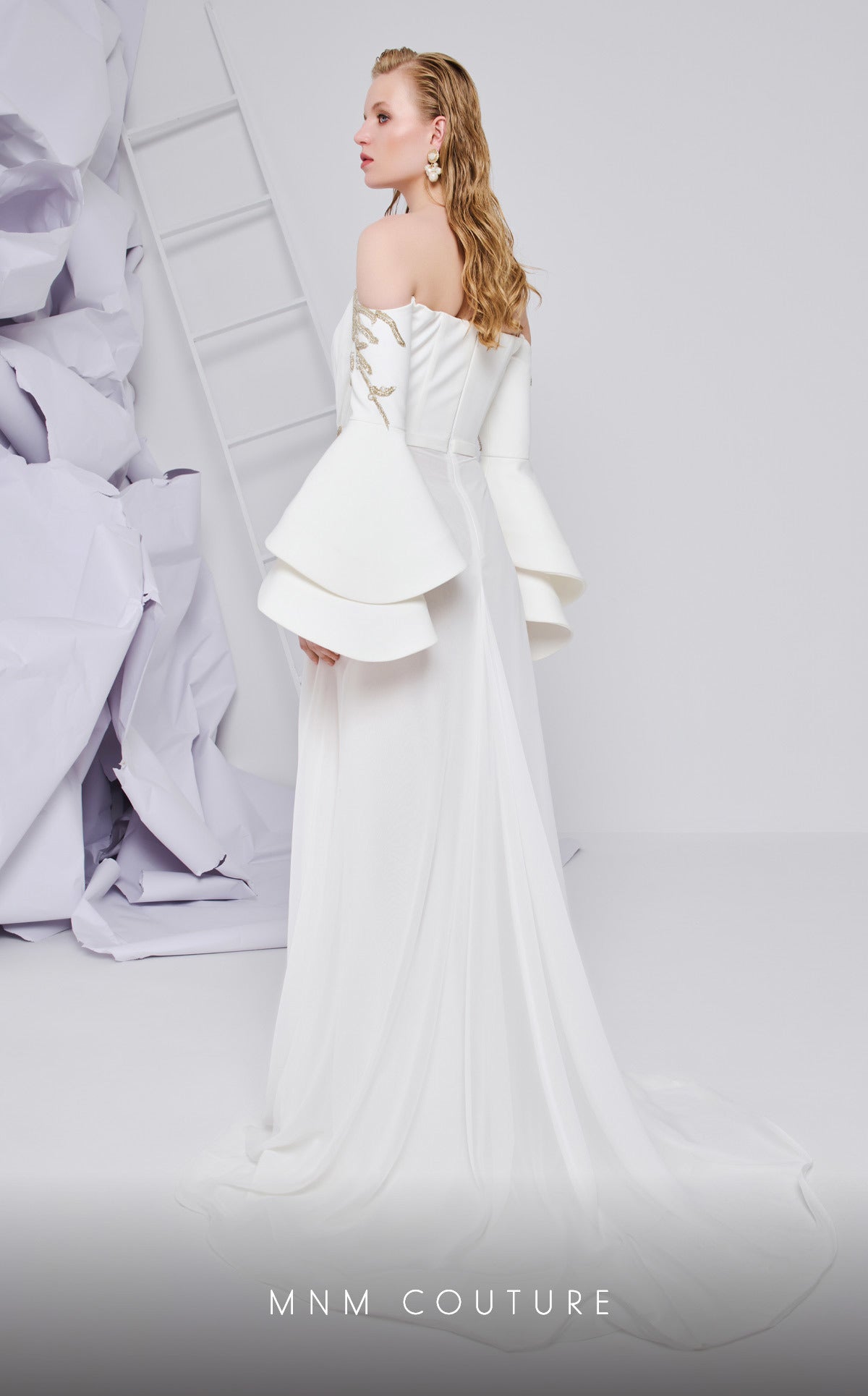 Off-the-Shoulder Floor-Length Chiffon Wedding Dress A-Line MNM Couture B1103
