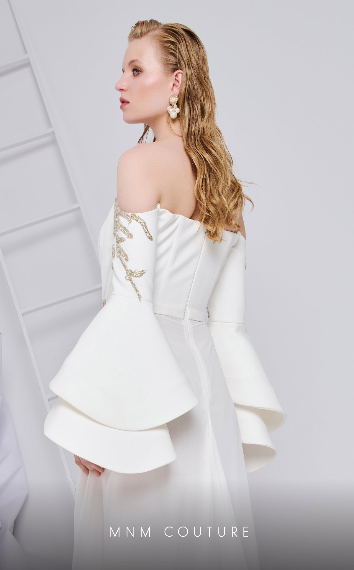 Off-the-Shoulder Floor-Length Chiffon Wedding Dress A-Line MNM Couture B1103