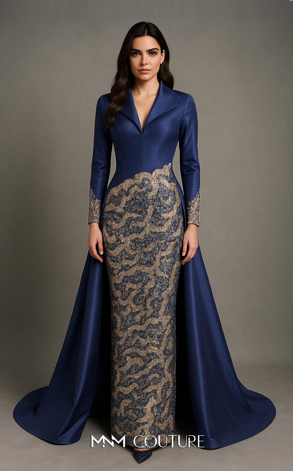 V-Neck Floor-Length with Train Satin Formal Sheath/Colu MNM Couture B1177
