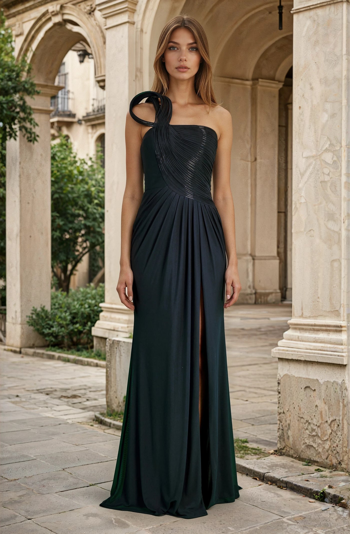 Elegant Sculpted Shoulder Evening Gown for Party, Gala & Wedding
