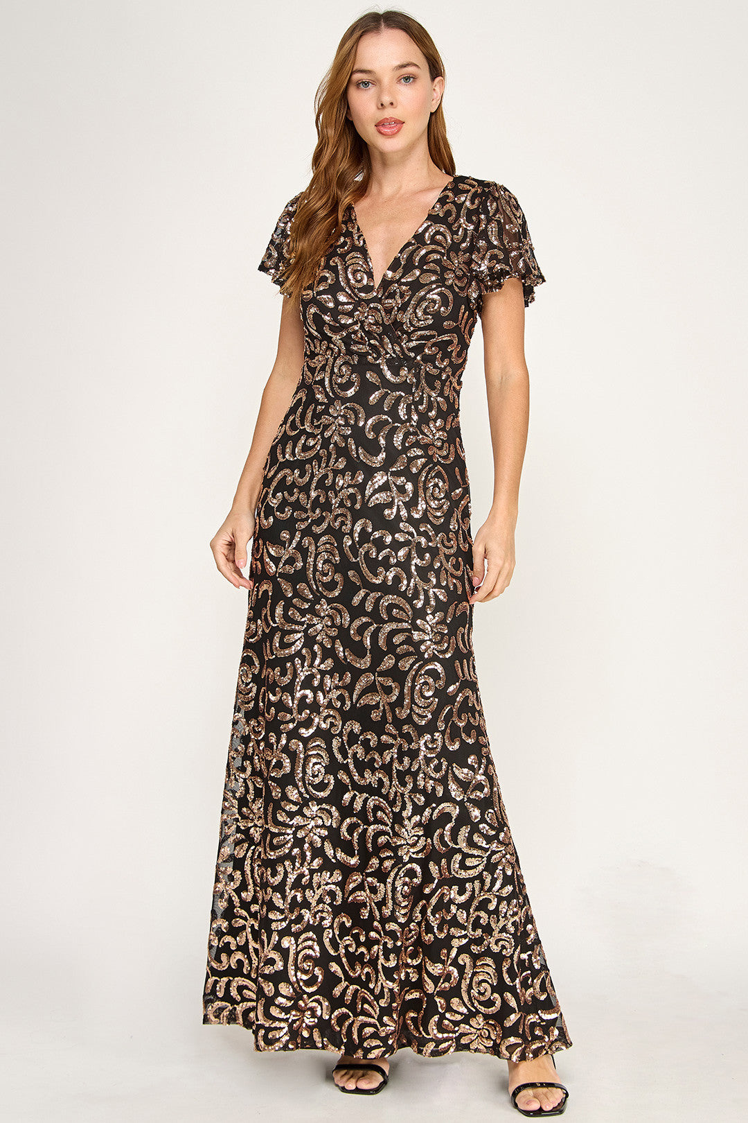 V-Neck Floor-Length Sequin Evening Fit & Flare Lenovia 3124