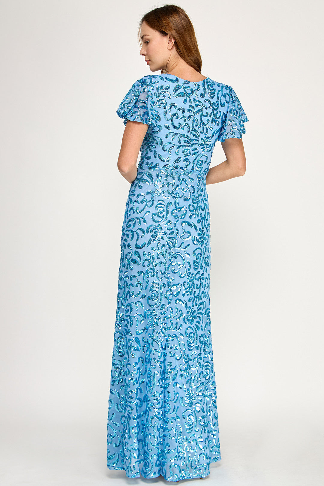 V-Neck Floor-Length Sequin Evening Fit & Flare Lenovia 3124