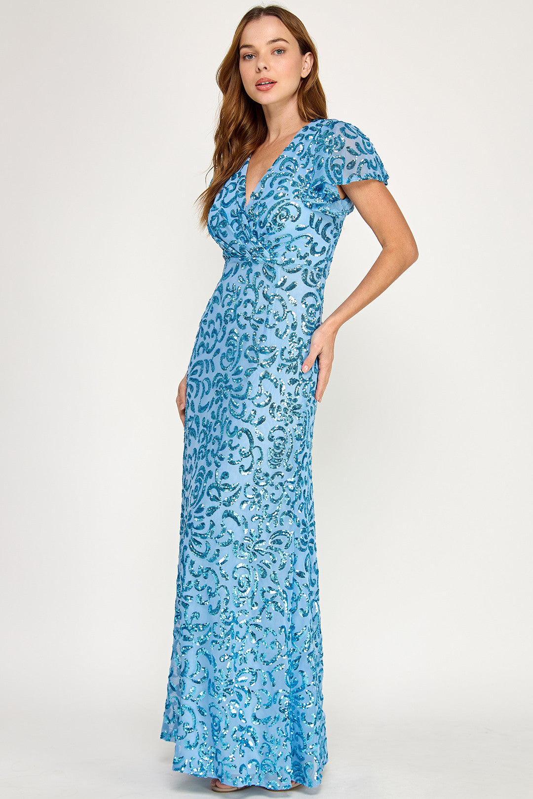 V-Neck Floor-Length Sequin Evening Fit & Flare Lenovia 3124