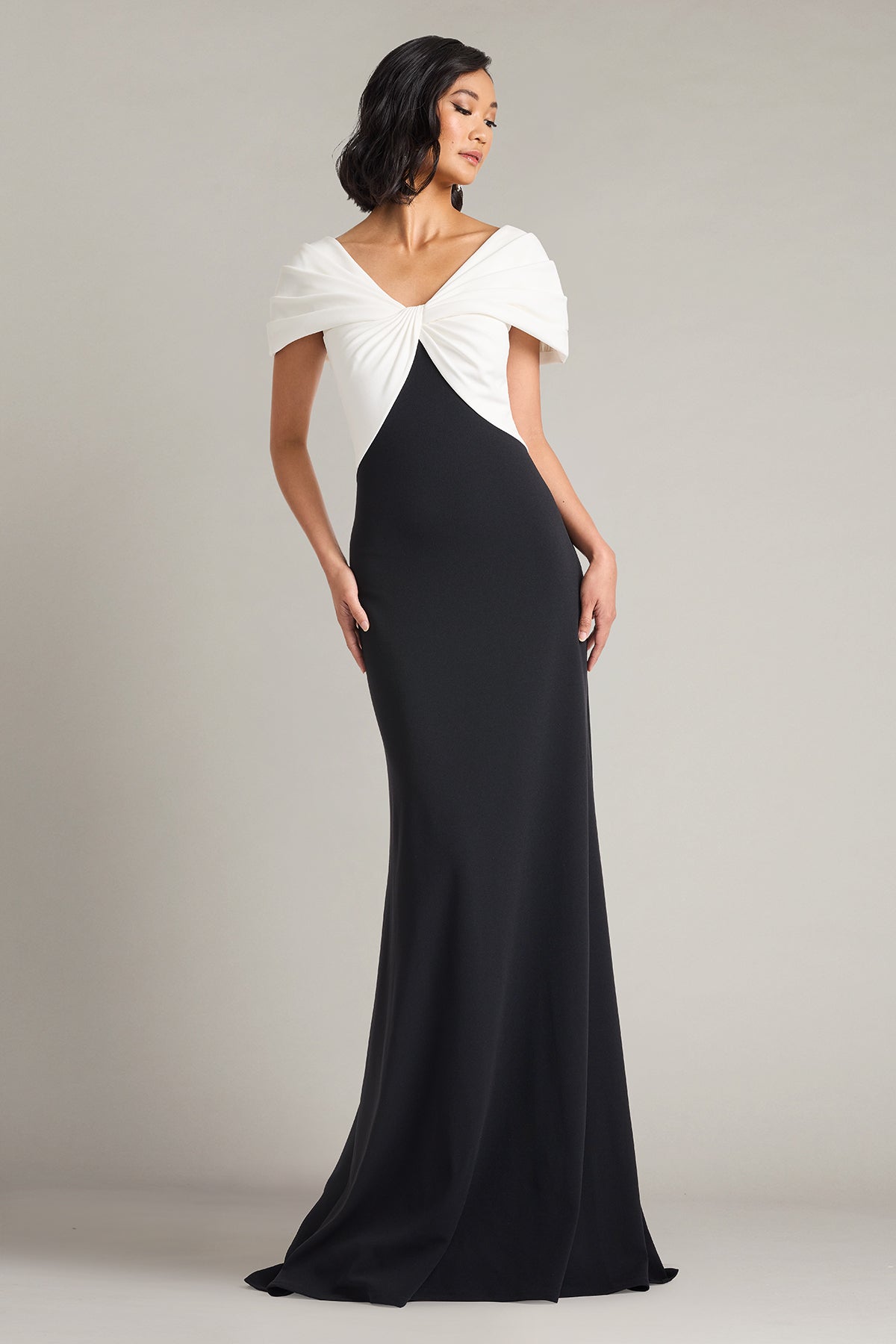 Off-the-Shoulder Floor-Length Crepe Formal Sheath Tadashi Shoji BOS26277L