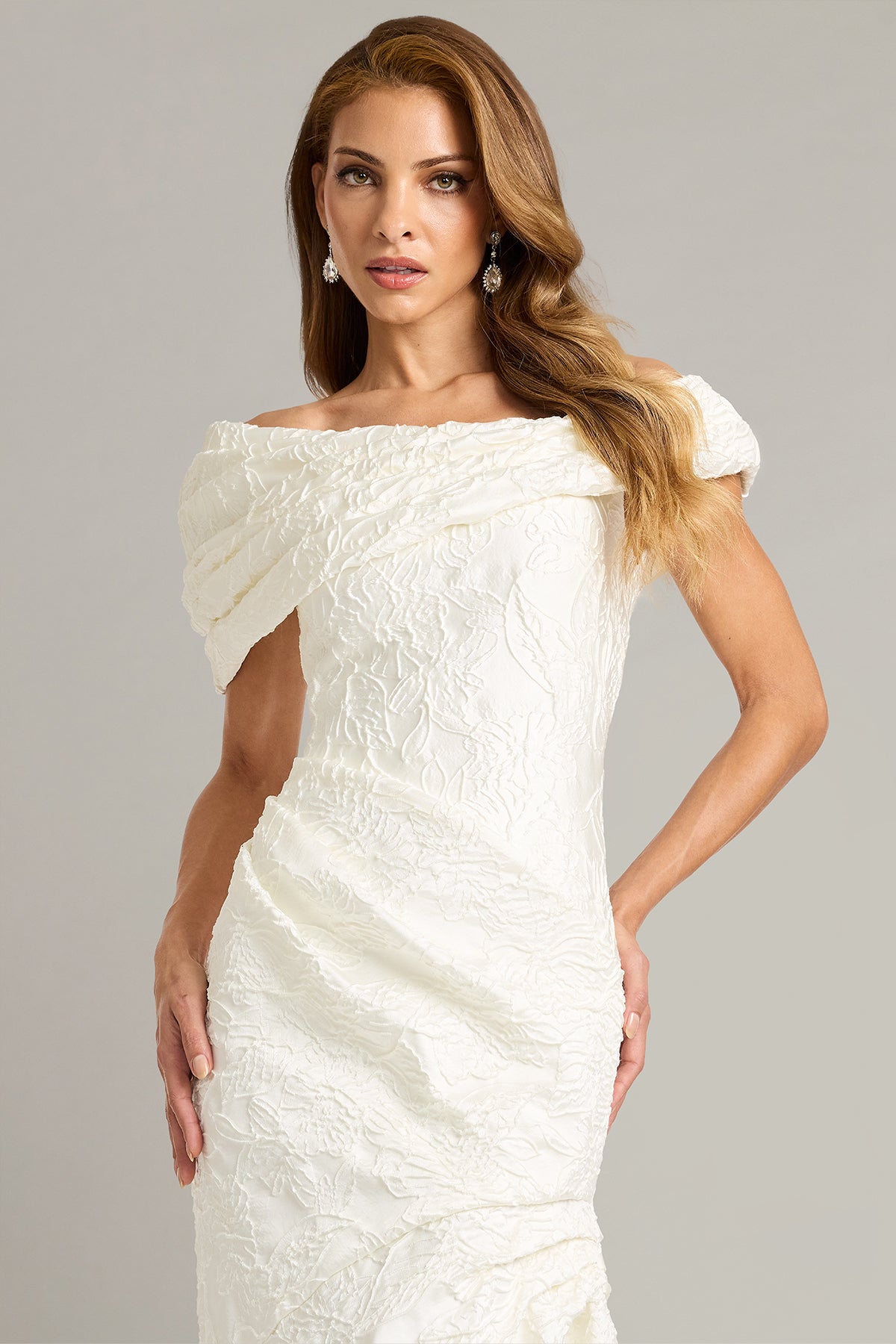 Off-the-Shoulder Floor-Length Lace Wedding Dress Tadashi Shoji BSW26018LBR