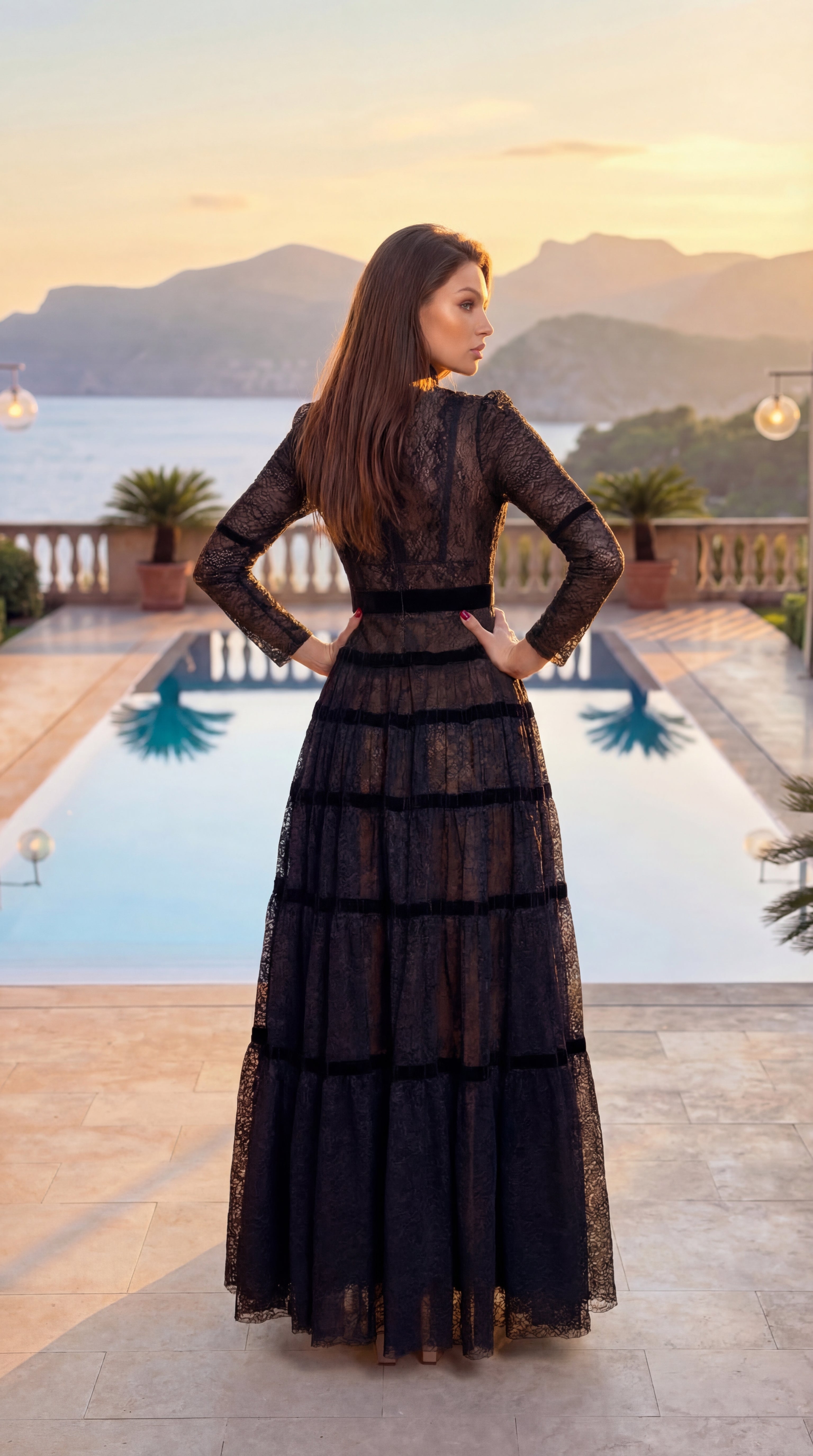 Long Sleeve Formal Tiered A Line Lace Evening Dress