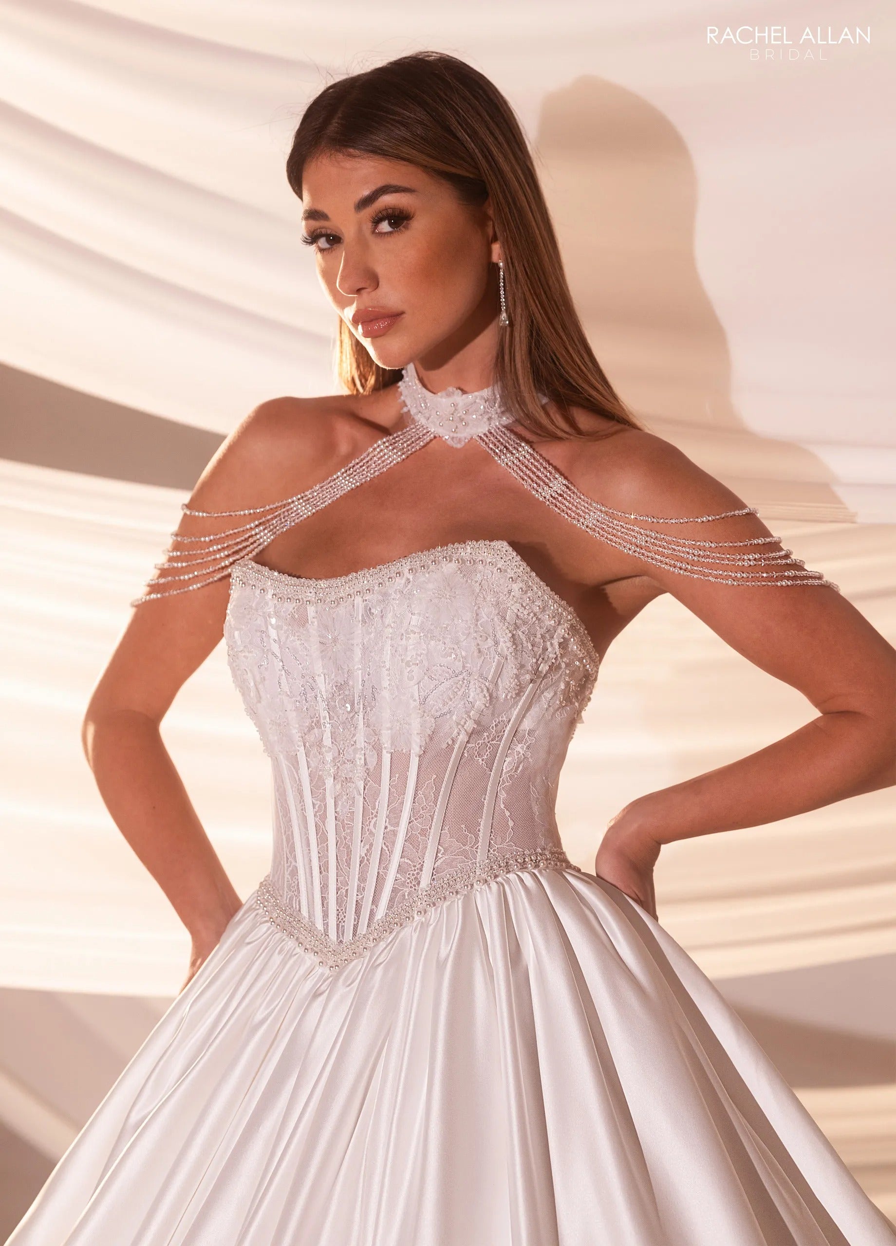 Ivory Square Neck Floor-Length Shimmer Tulle Bridal Ball Gown with Tiered Ruffle Skirt Rachel Allan RB6183