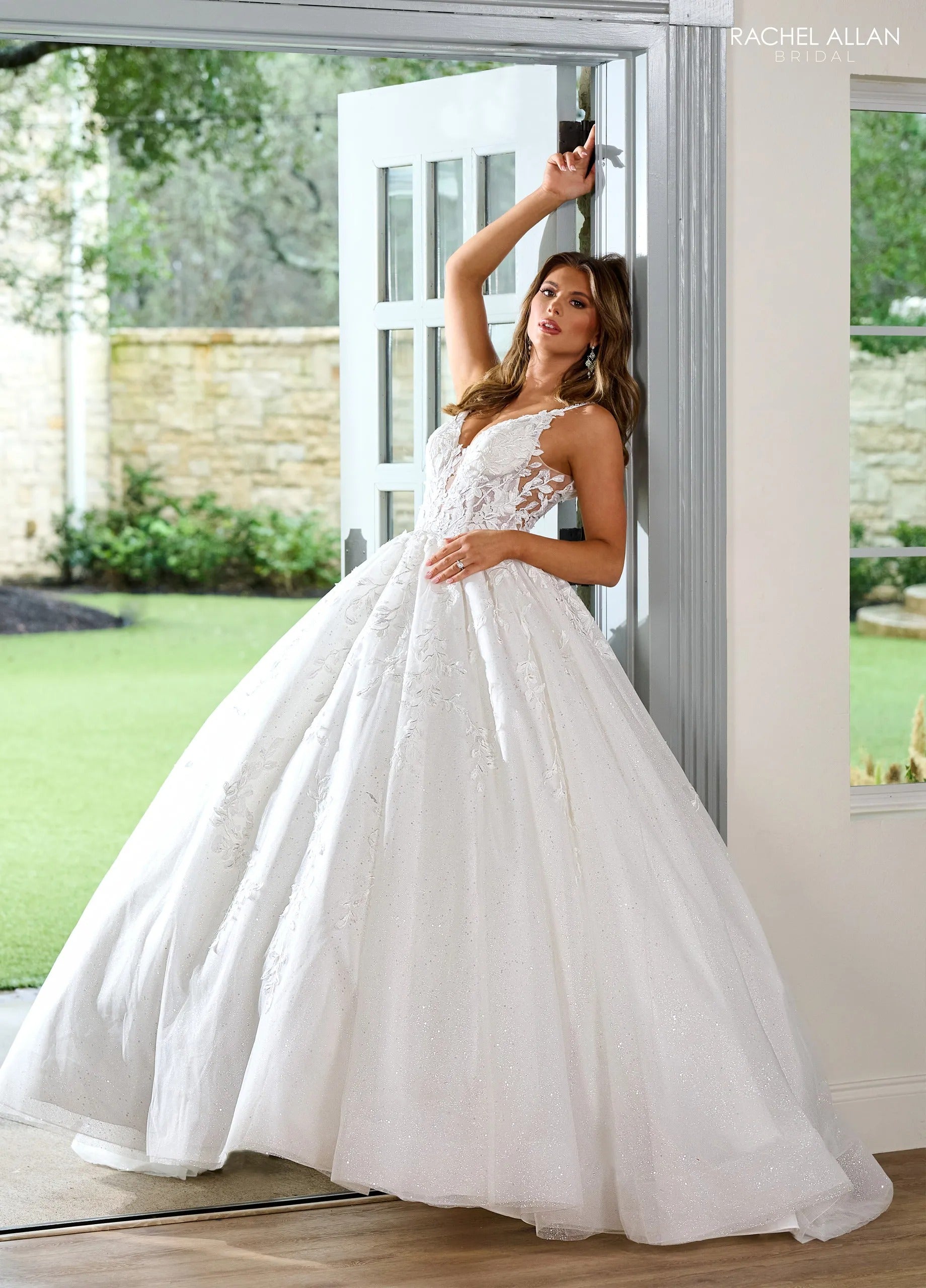 Ivory Nude V-Neck Floor-Length Glitter Tulle and Lace Bridal Ball Gown with Sheer Side Panels Rachel Allan RB6151
