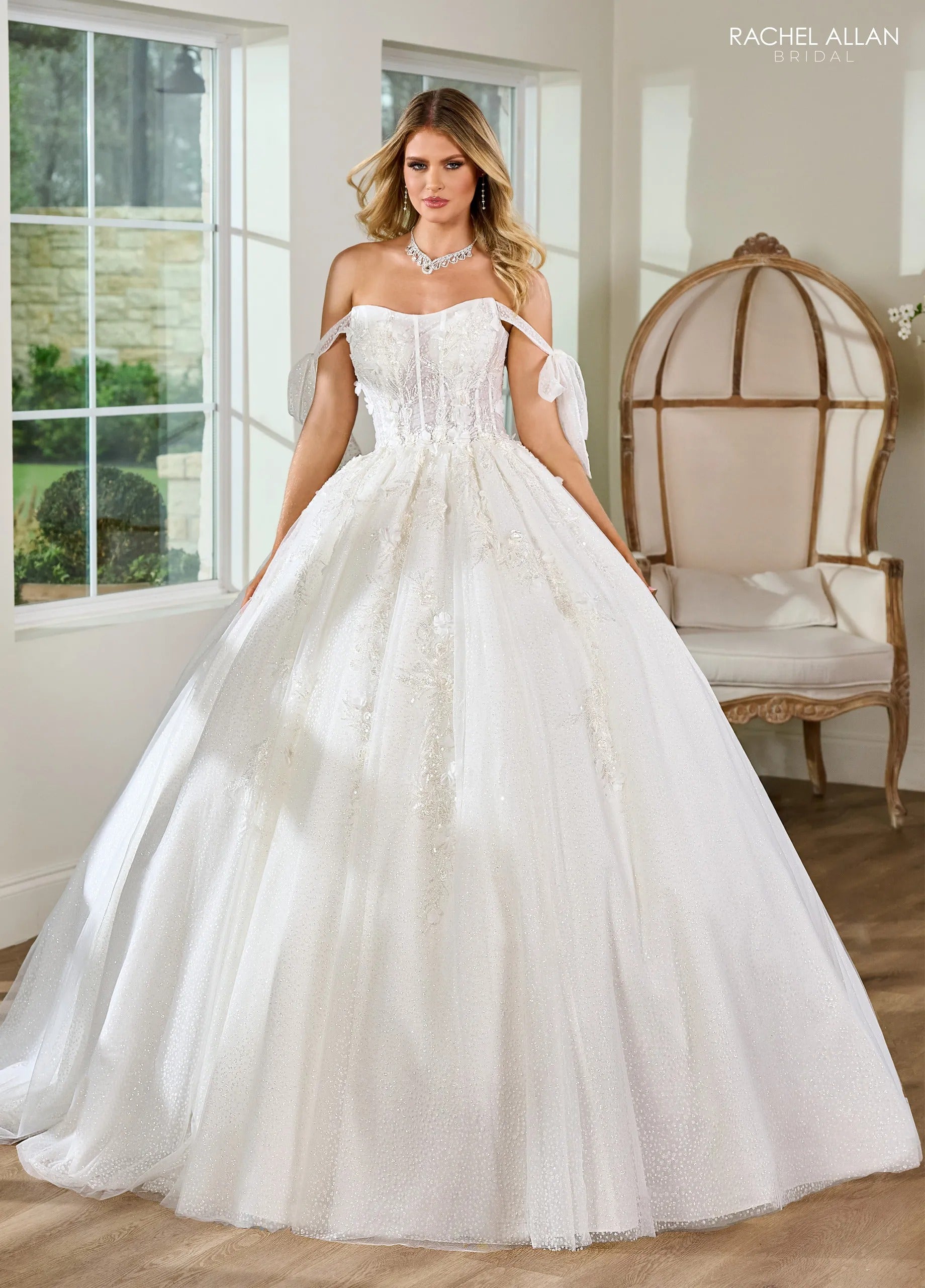 Ivory Sweetheart Floor-Length Glitter Tulle Bridal Ball Gown with Detachable Off-the-Shoulder Straps Rachel Allan RB6155