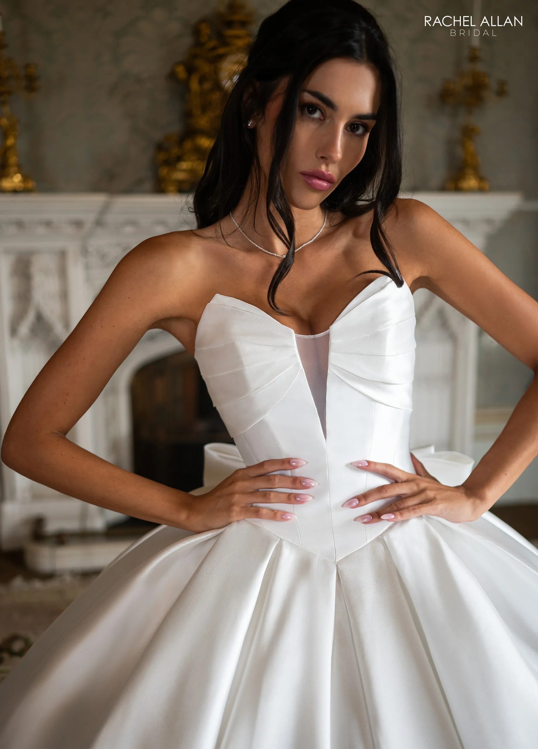 Ivory Sweetheart Floor-Length Satin Wedding Dress Ball Gown with Bow Rachel Allan RB6190